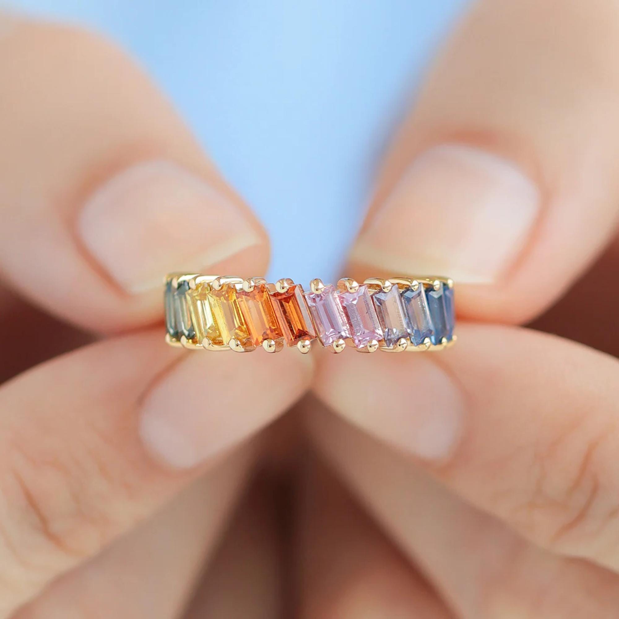 Rainbow Natural Sapphire Ring | Prismatic 14K Yellow Gold Multicolor Gemstone Ring | Bold Gradient Statement Jewelry