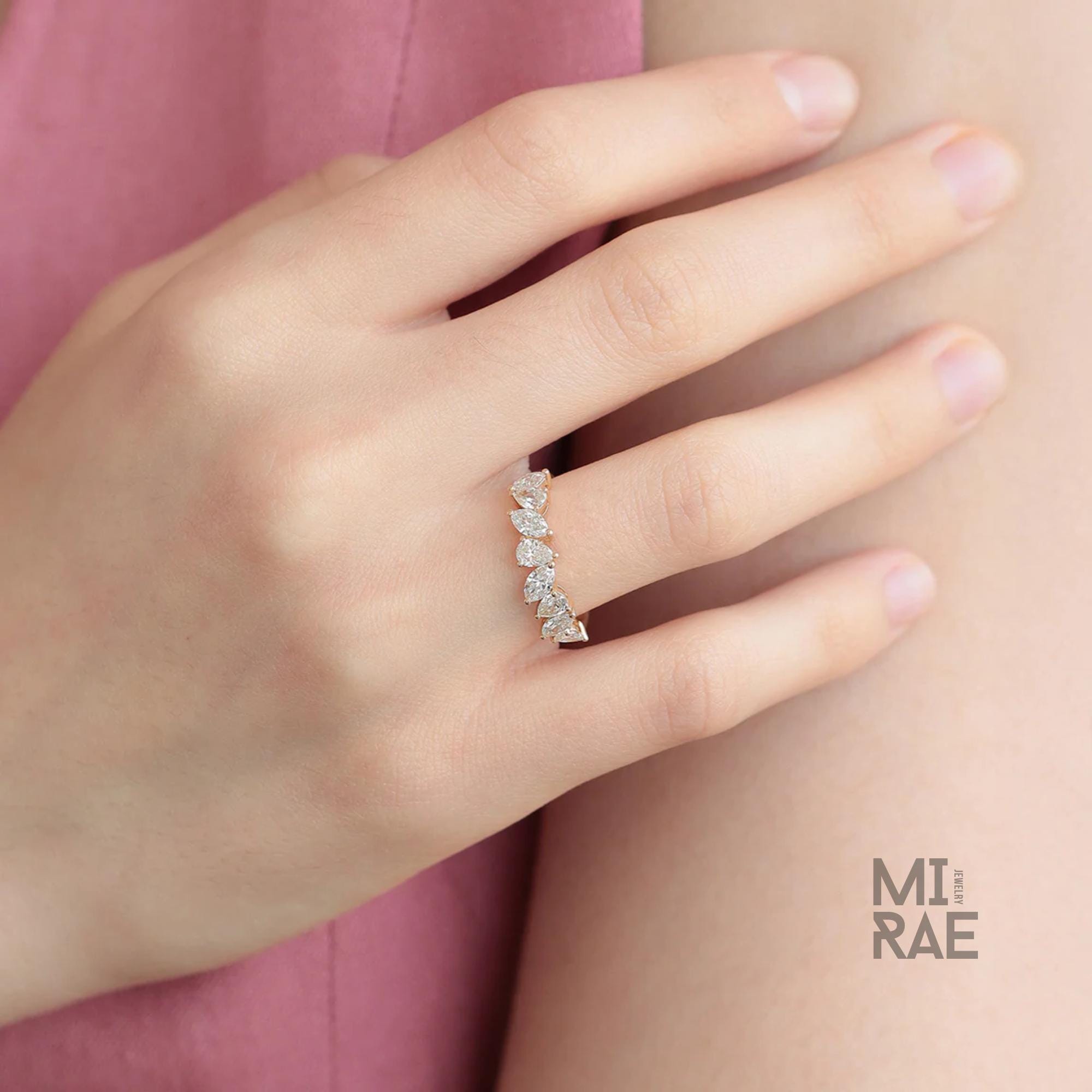 Lab Grown Diamond Half Eternity Band Marquise and Pear Cut Diamond Wedding Band for Women