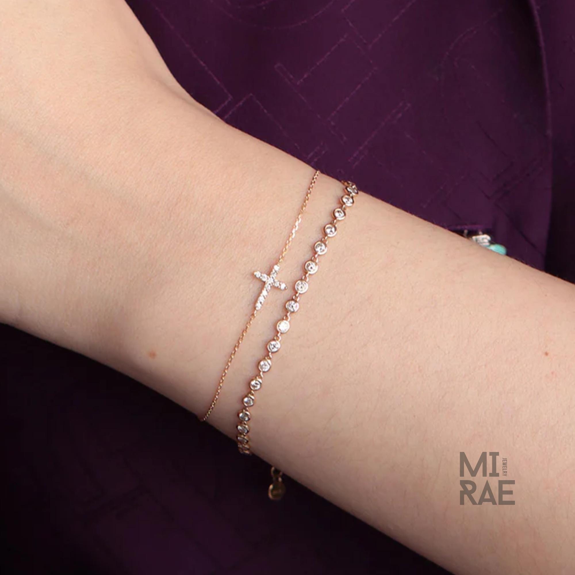 14K Gold Diamond Small Cross Bracelet, Dainty Minimalist Christian Jewelry, Solid Gold, Lab Grown Diamond, Dainty Stackable Bracelet