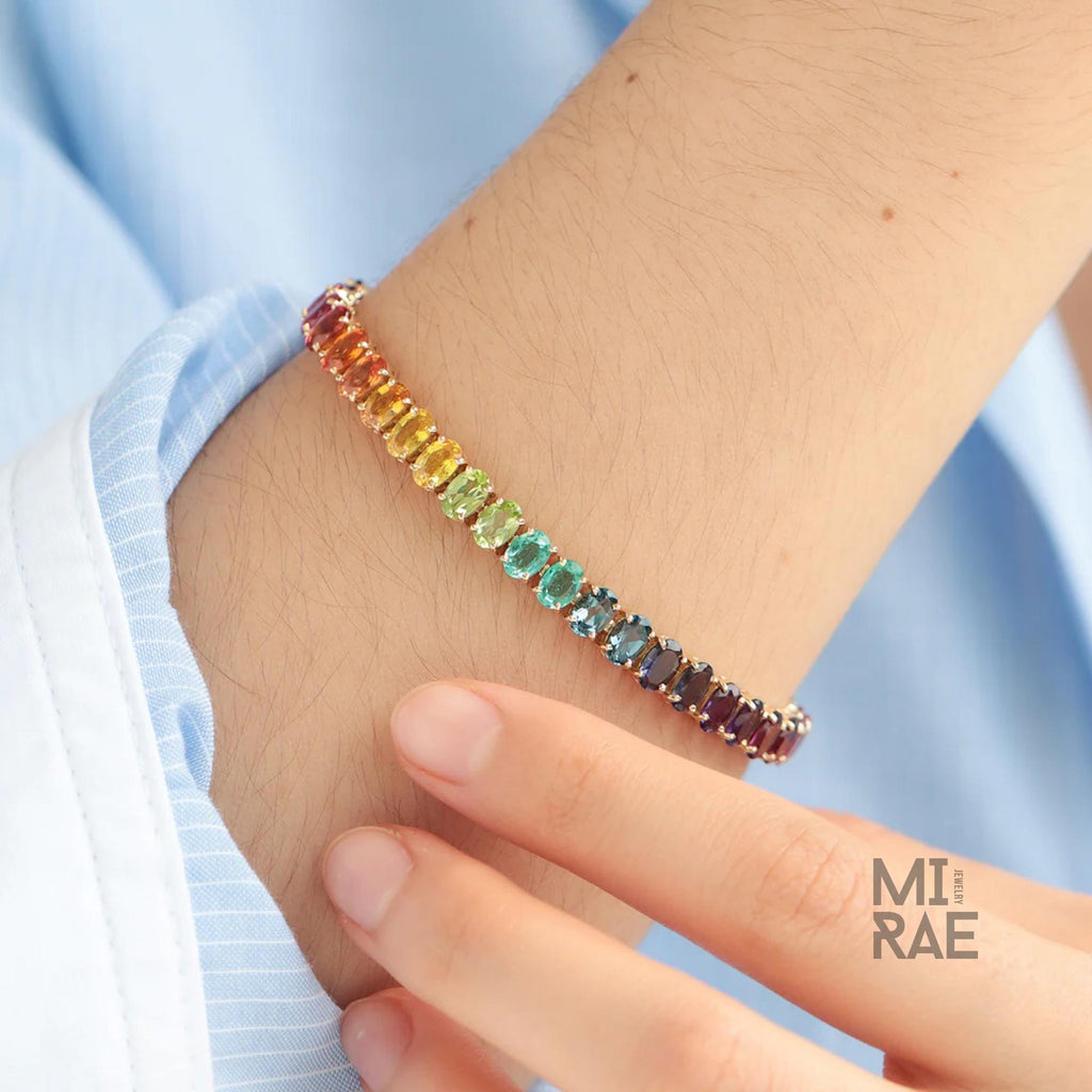 Rainbow Gemstone Tennis Bracelet: 20 CT Multi-Color Gold Jewelry