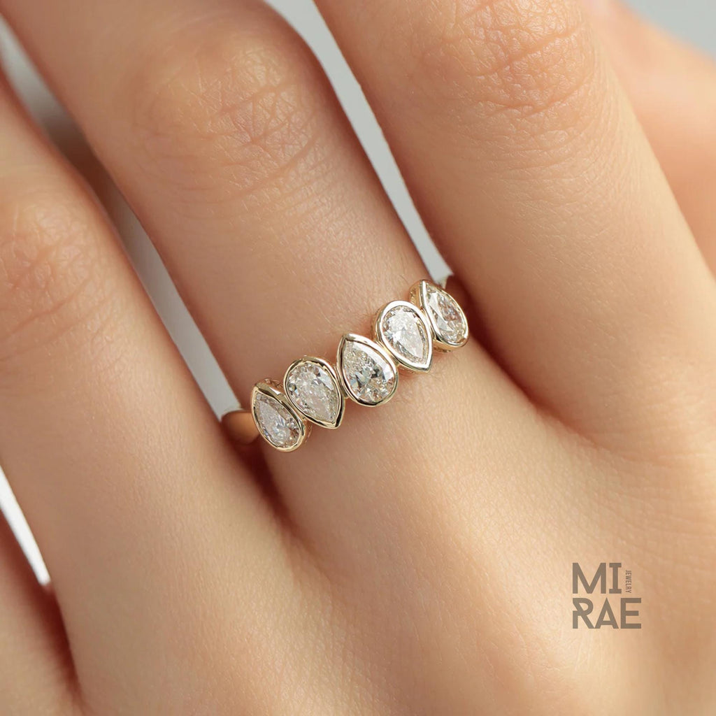 Pear Cut Diamond Drops Ring | Teardrop Half Eternity Band | Minimalist Lab Diamond Wedding Ring