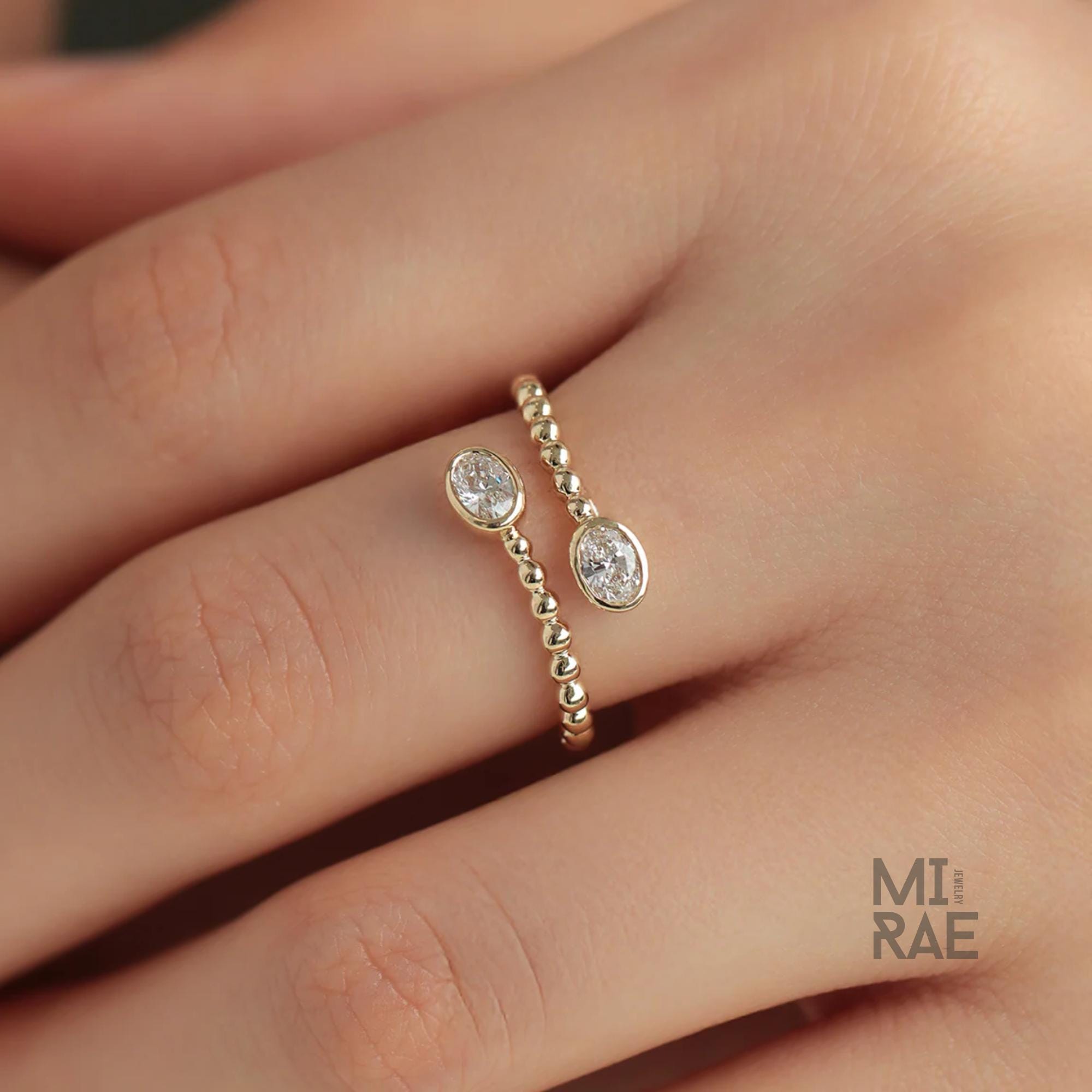 Oval Cut Lab Grown Diamond Engagement Ring in Open Gap Bypass Setting, Two Stone Band Ring, 14K Gold Wedding Ring, Finger Wrap Ring