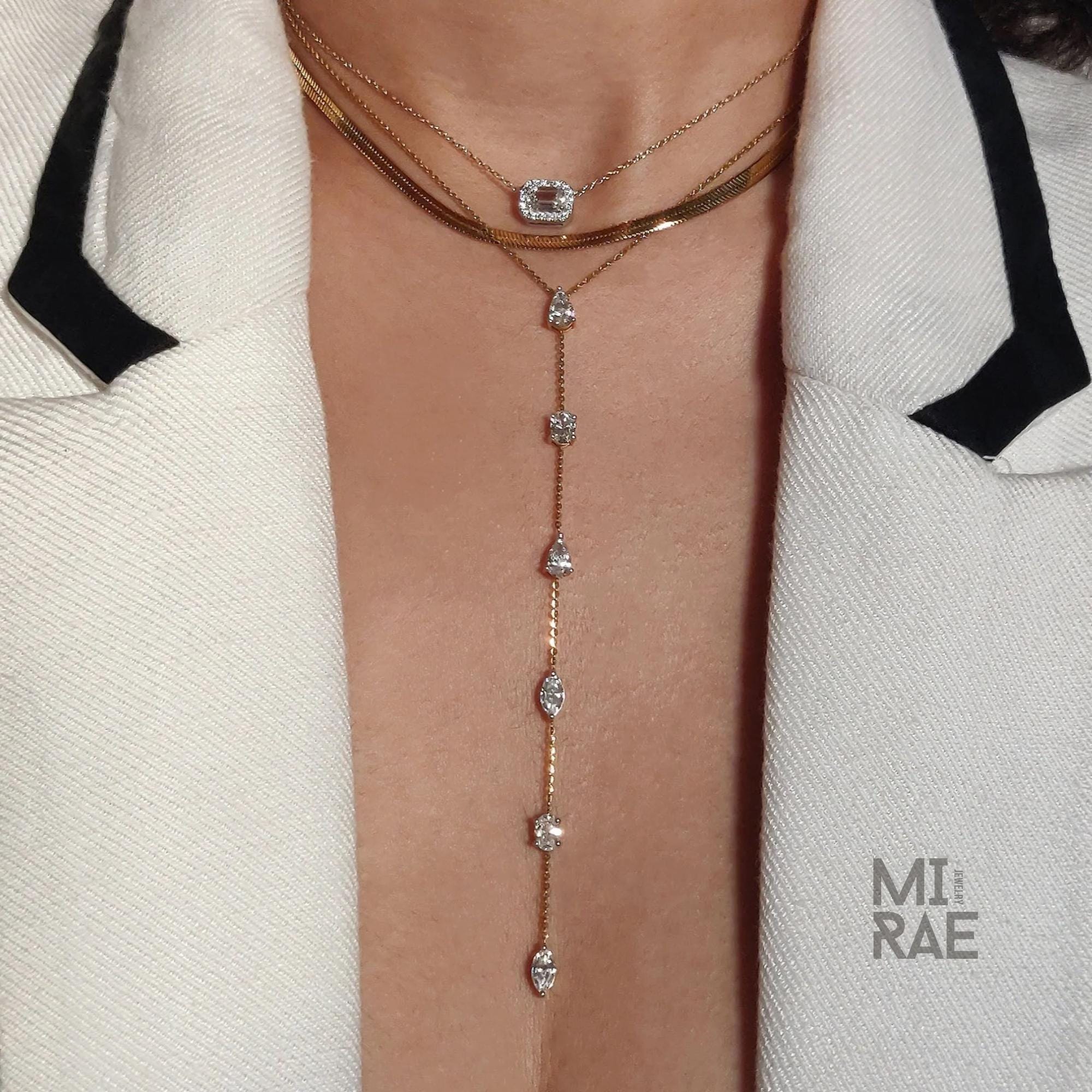 10K Yellow Gold Six Stone Diamond Lariat Necklace