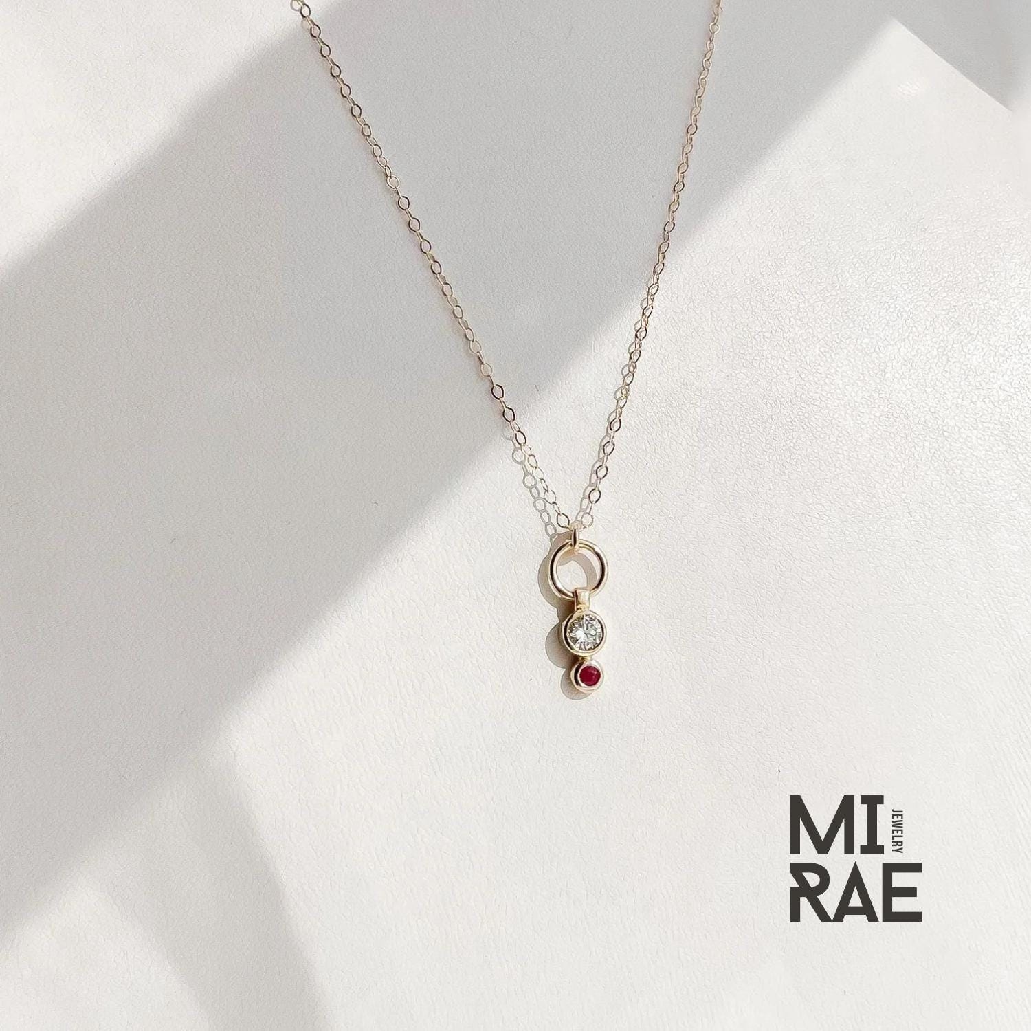 Dainty 14K Gold Diamond & Ruby Pendant Necklace: Minimalist Bezel Charm