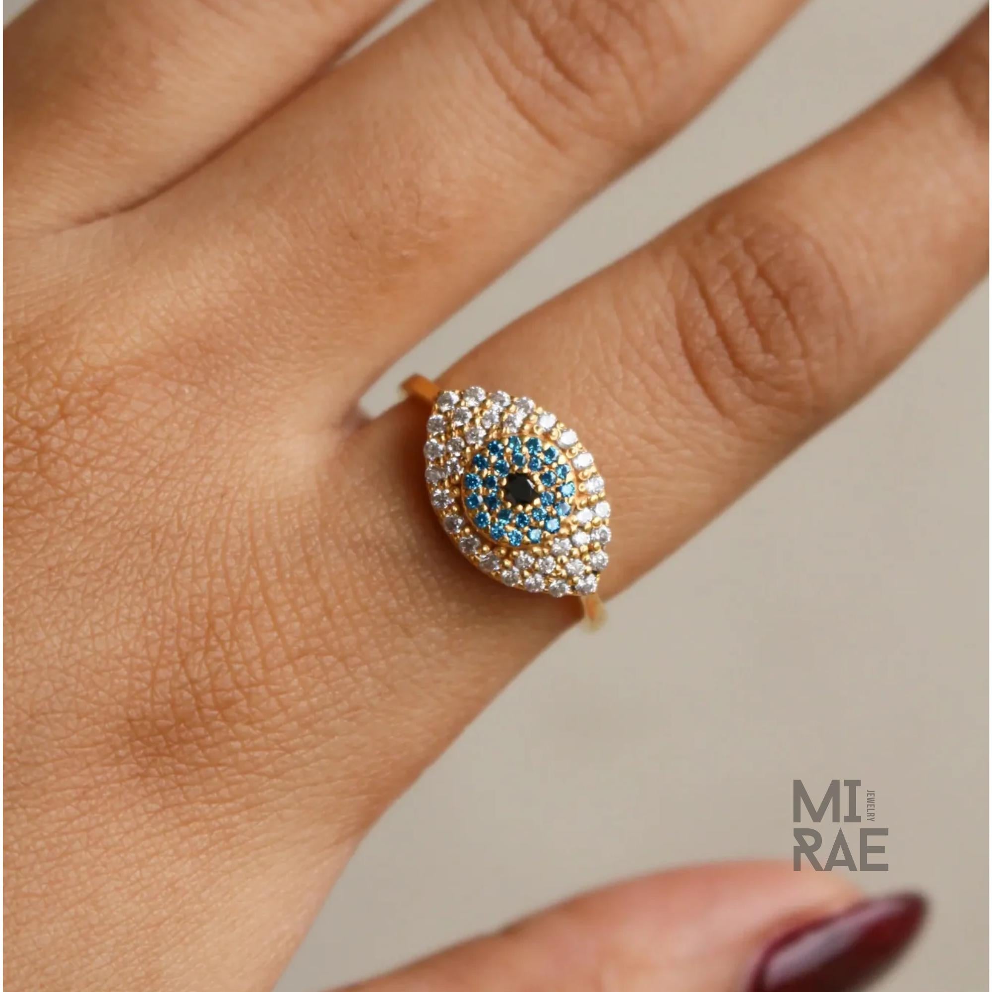 14k Gold Diamond Evil Eye Blue Sapphire Good Luck Charm Ring