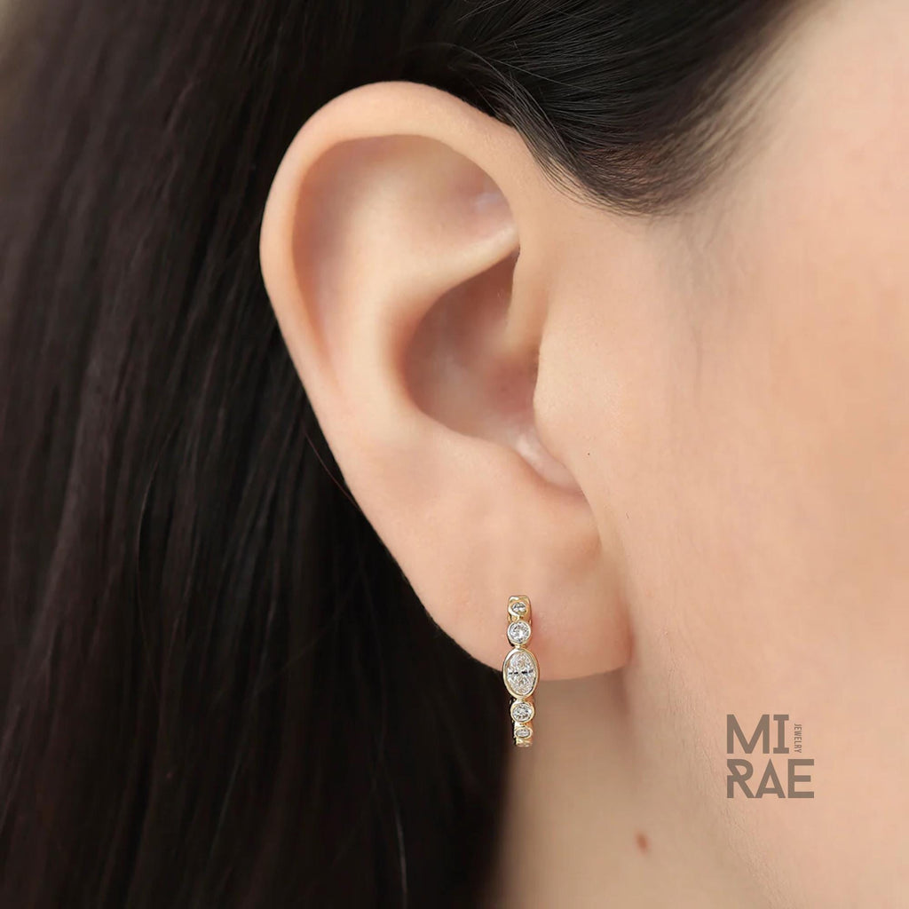 Oval Diamond Bezel Set Hoop Earrings | Lab Grown Diamond 14K Gold Hoops | Everyday Luxury Earrings