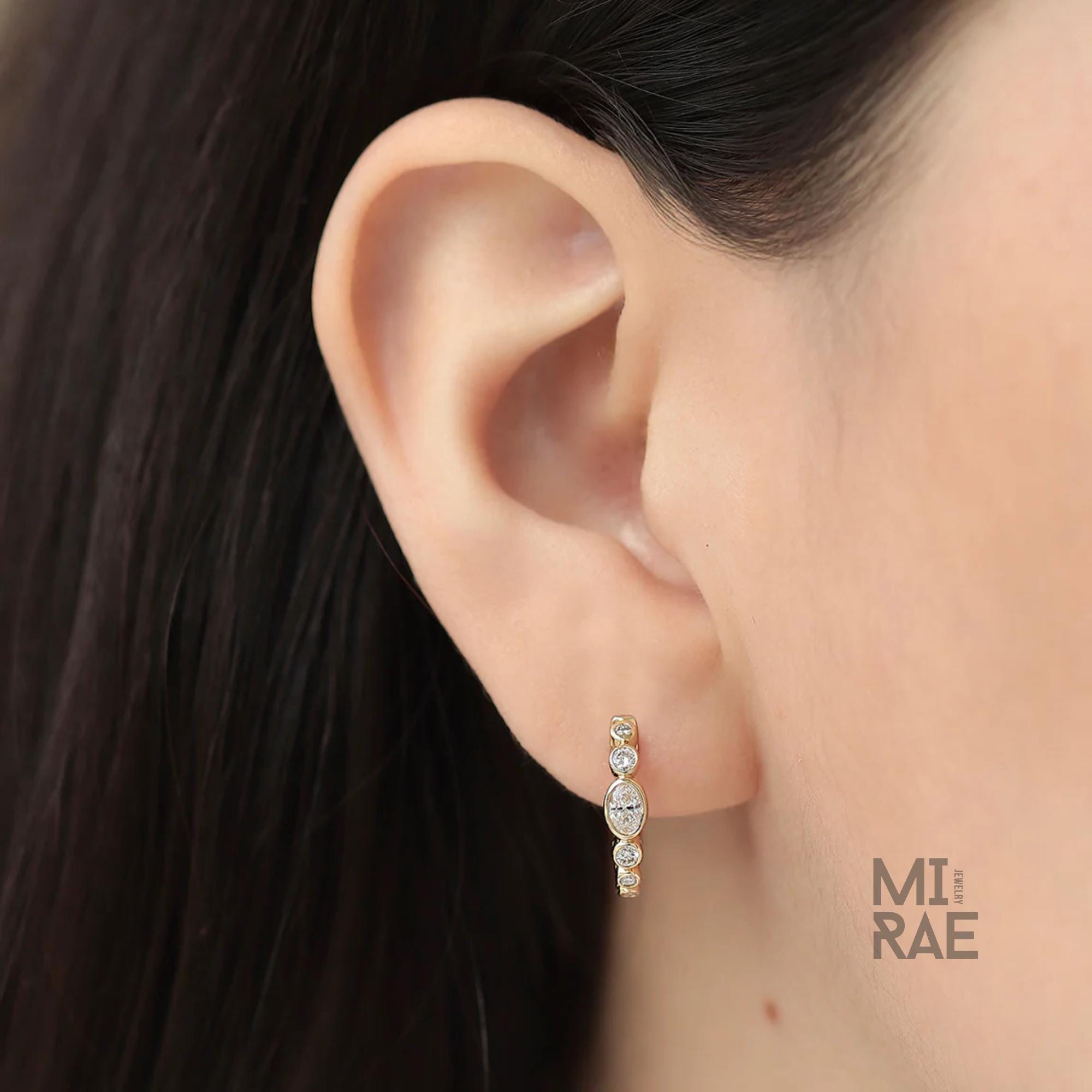 Oval Diamond Bezel Set Hoop Earrings | Lab Grown Diamond 14K Gold Hoops | Everyday Luxury Earrings