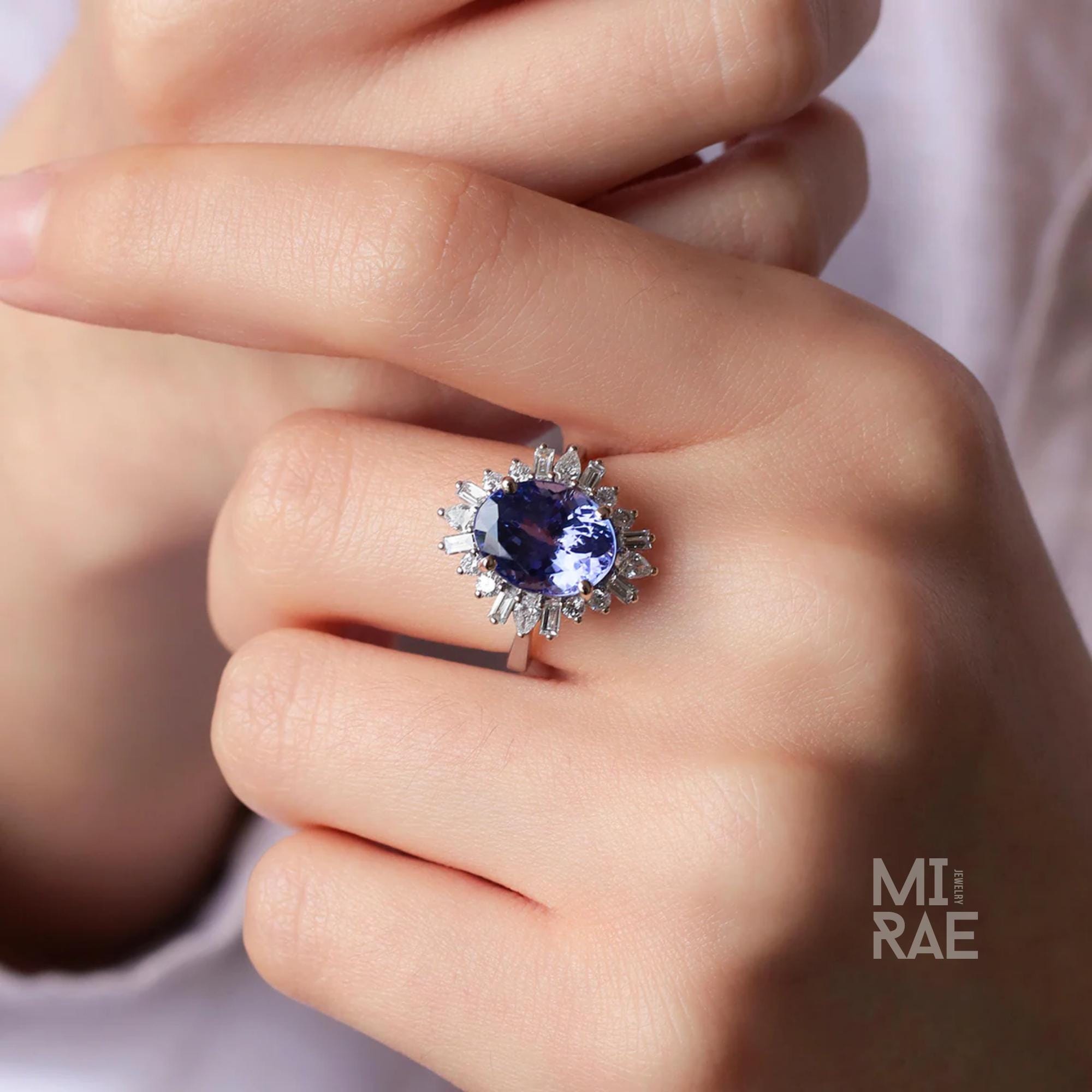 5 Carat Oval Tanzanite & Lab Diamond Halo Ring: 14k Gold Cocktail Ring