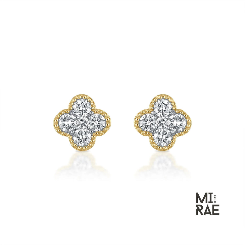 14K Gold Diamond Clover Stud Earrings: Dainty Floral Design