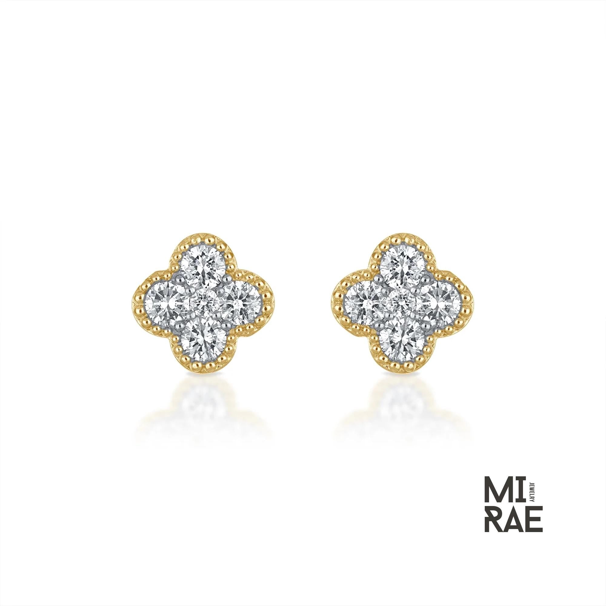 14K Gold Diamond Clover Stud Earrings: Dainty Floral Design
