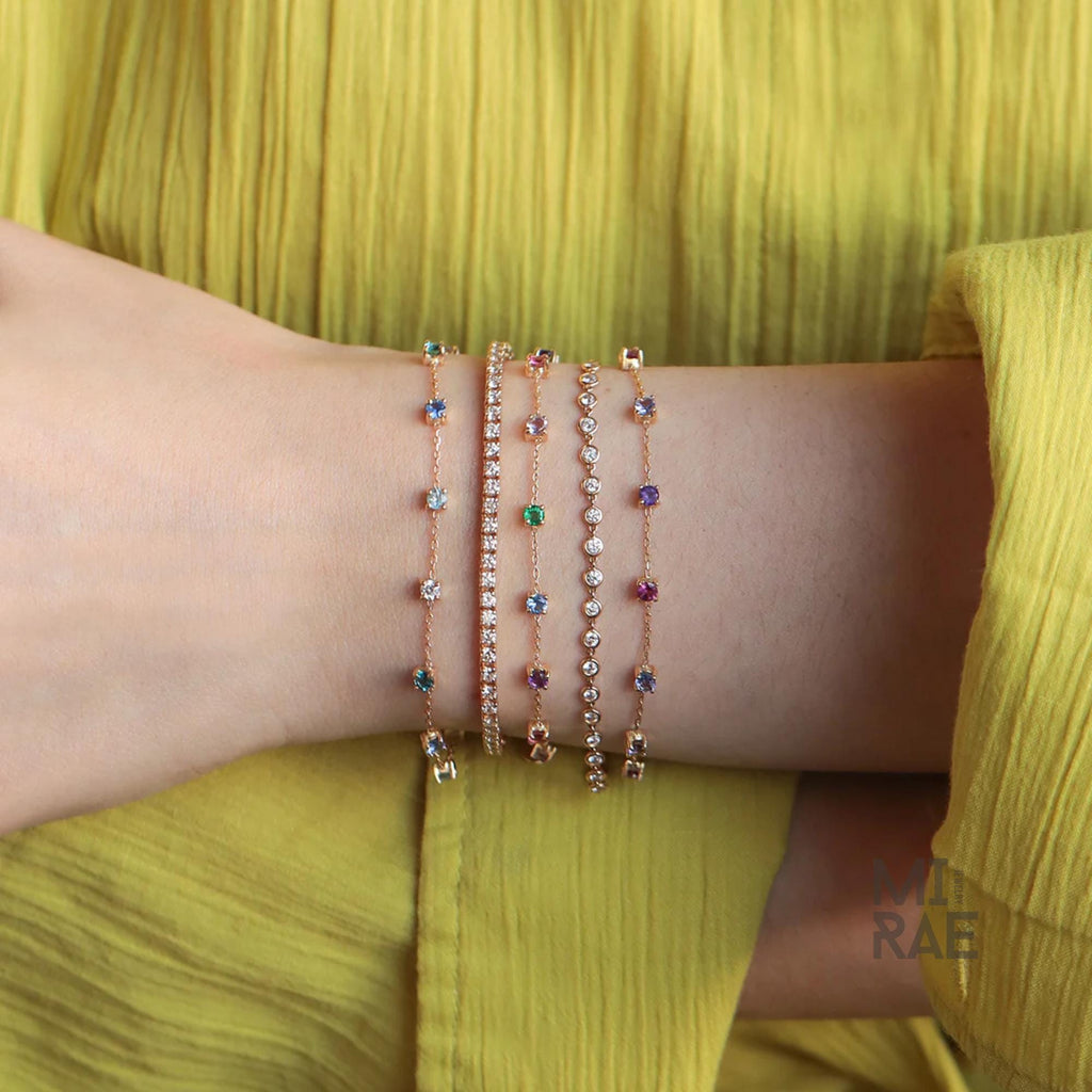 Colorful Rainbow Gemstone Chain Link Bracelet | Multi Color Natural Stone Bracelet | 14K Gold Adjustable Bracelet