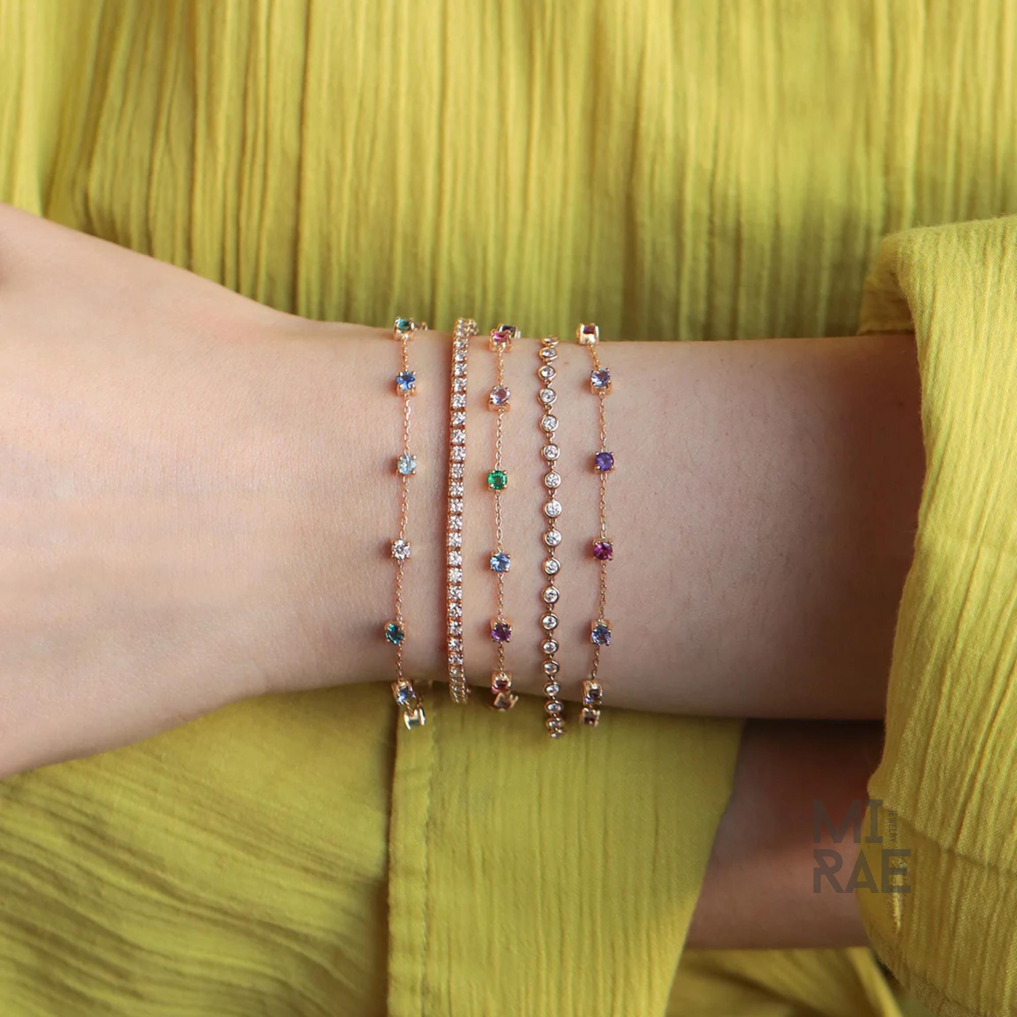 Colorful Rainbow Gemstone Chain Link Bracelet | Multi Color Natural Stone Bracelet | 14K Gold Adjustable Bracelet