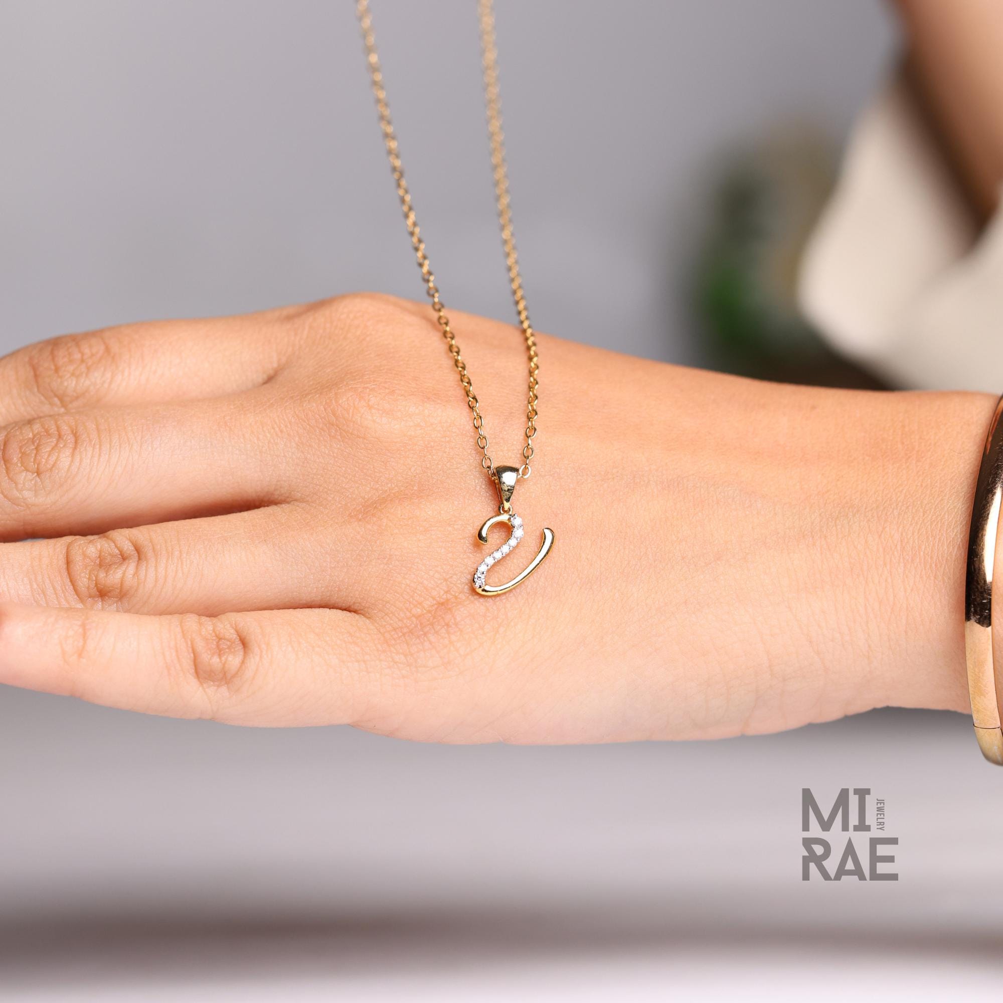 14k Gold Diamond Initial Necklace: Cursive Letter Pendant, Personalized Jewelry