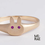 10K Gold Bunny Signet Ring: Diamond or Ruby Accent, Dainty Animal Jewelry