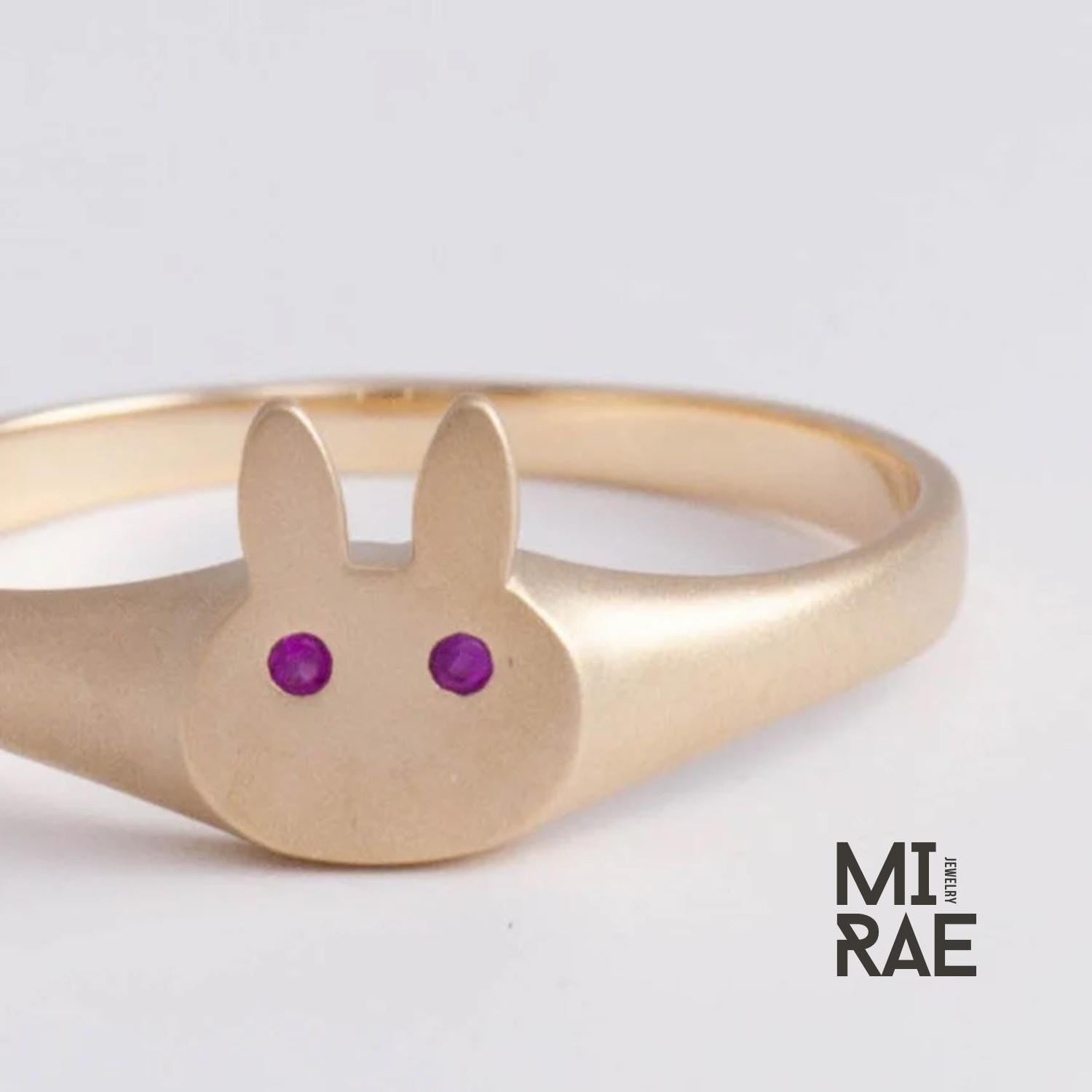 10K Gold Bunny Signet Ring: Diamond or Ruby Accent, Dainty Animal Jewelry