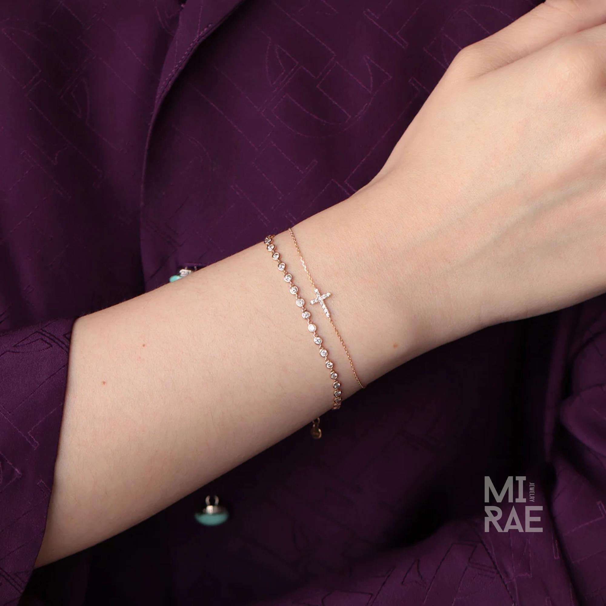 14K Gold Diamond Small Cross Bracelet, Dainty Minimalist Christian Jewelry, Solid Gold, Lab Grown Diamond, Dainty Stackable Bracelet