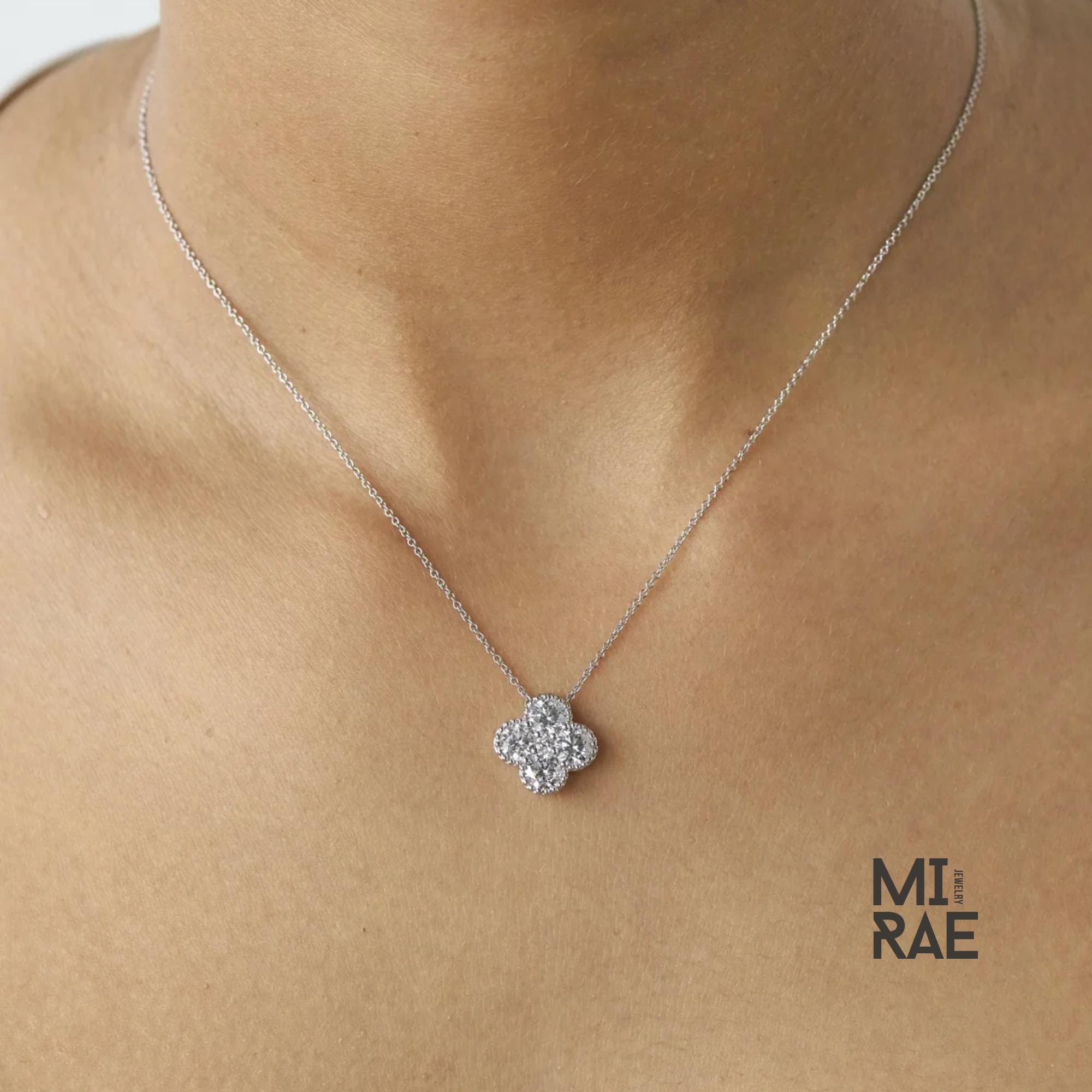 14K Solid Gold Diamond Clover Necklace: Dainty Floral Pendant