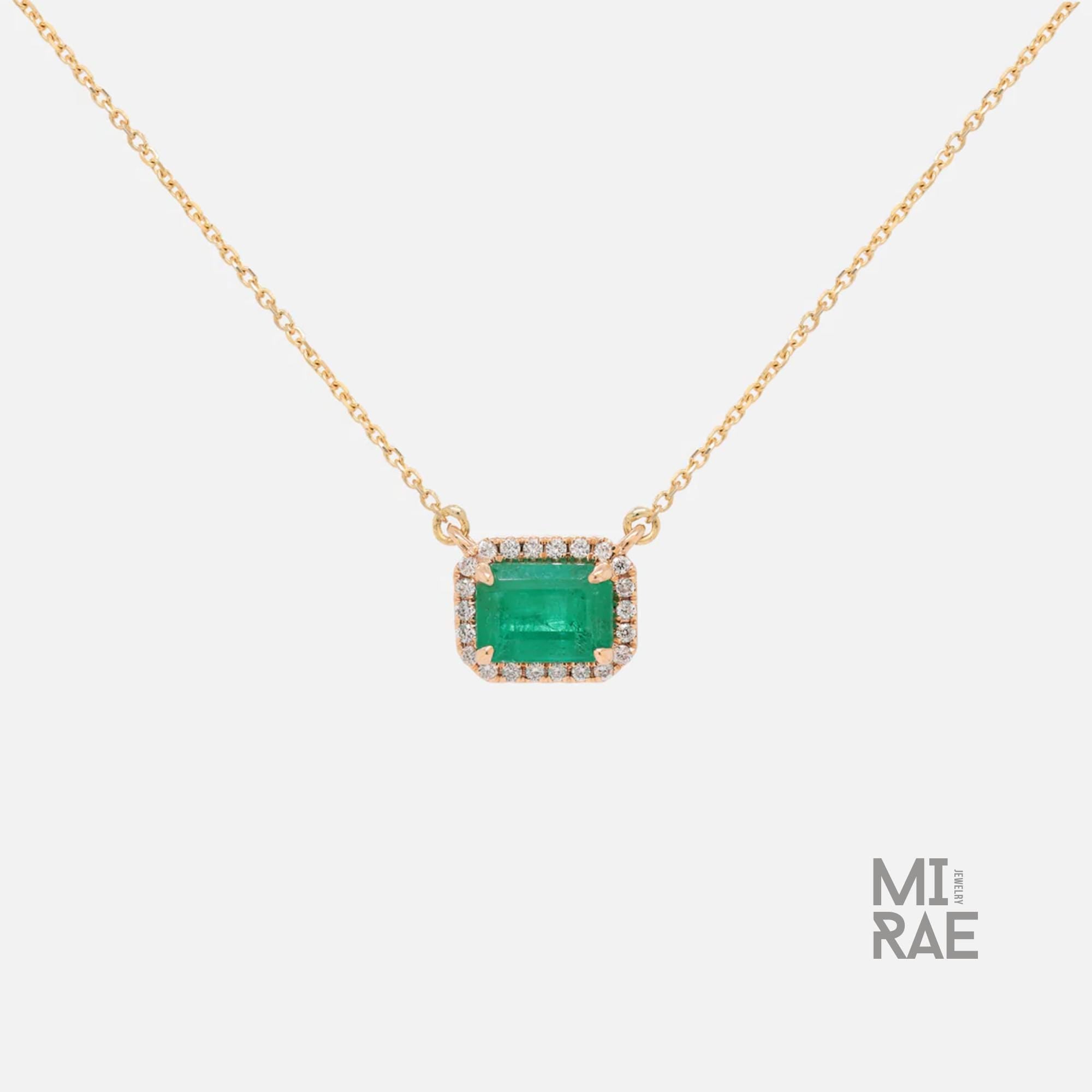 1 CT Natural Emerald Gemstone with Diamond Halo Pendant Necklace