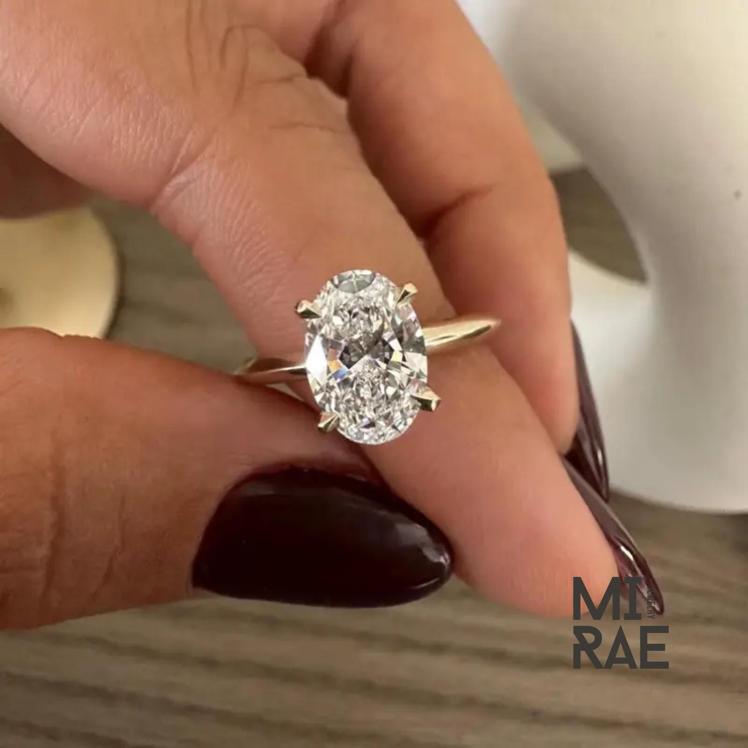 Oval Moissanite Engagement Ring: 14k Yellow Gold Solitaire, Four Prong