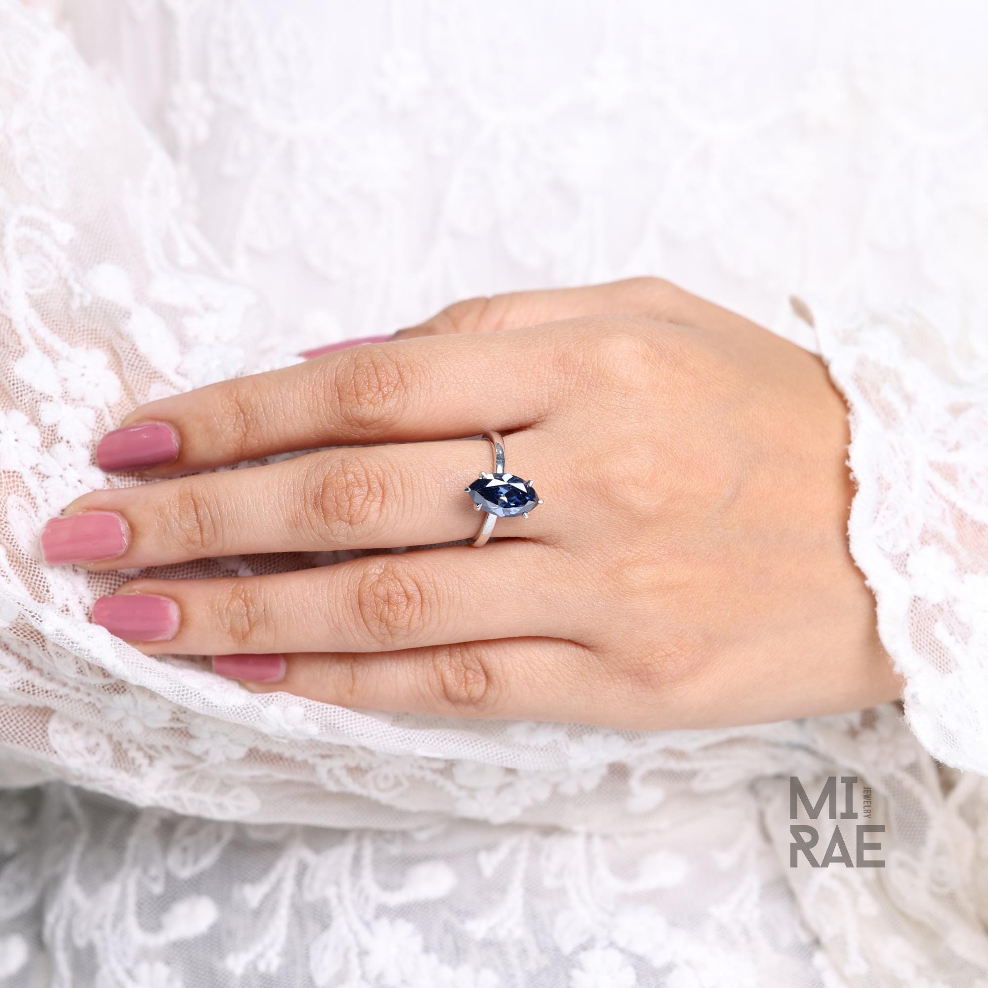 Cyan Blue Marquise Moissanite Ring: Ethical Sterling Silver Engagement Jewelry