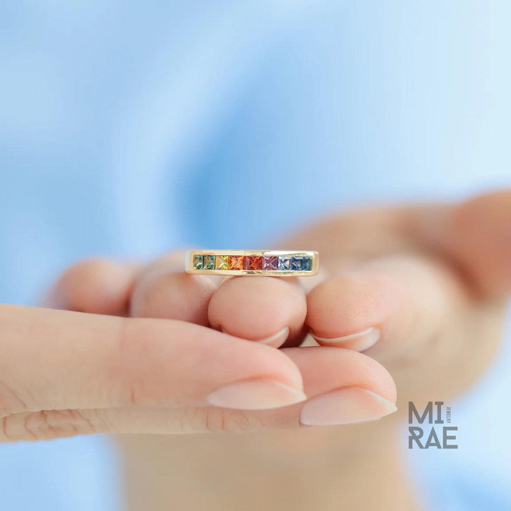 14K Yellow Gold Princess Cut Sapphire Band | Multi Color Gemstone Ring | Rainbow Gold Stacking Ring