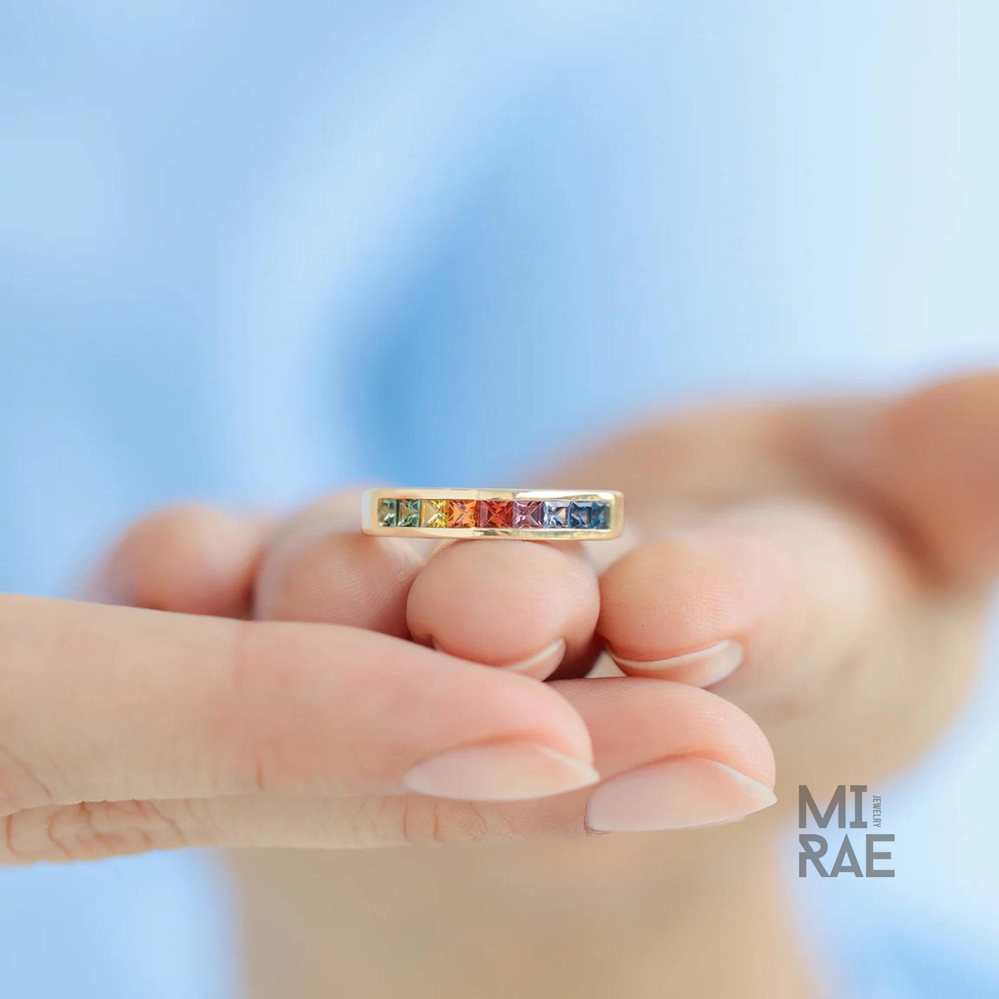 14K Yellow Gold Princess Cut Sapphire Band | Multi Color Gemstone Ring | Rainbow Gold Stacking Ring