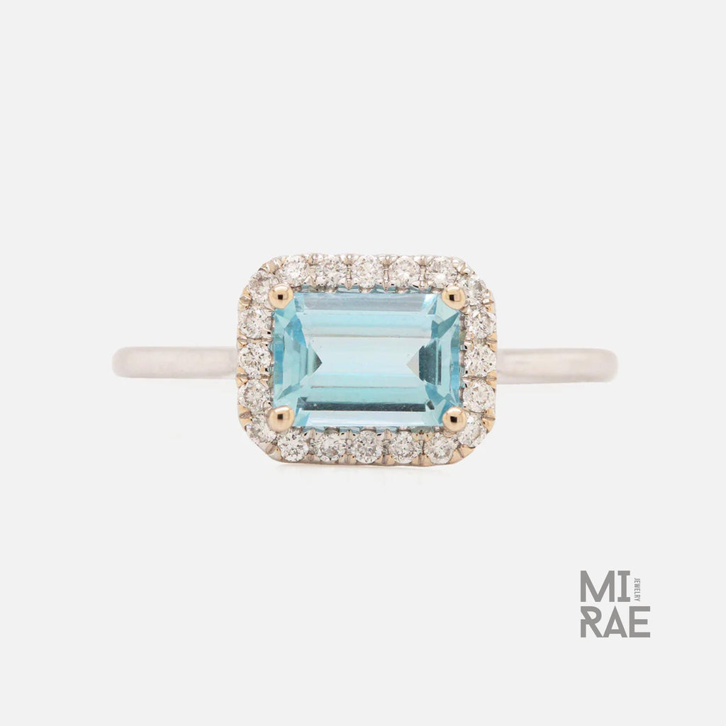 Royal East West Aquamarine Ring | Emerald Cut Halo Diamond Ring | 14K Gold Statement Ring