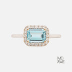 Royal East West Aquamarine Ring | Emerald Cut Halo Diamond Ring | 14K Gold Statement Ring