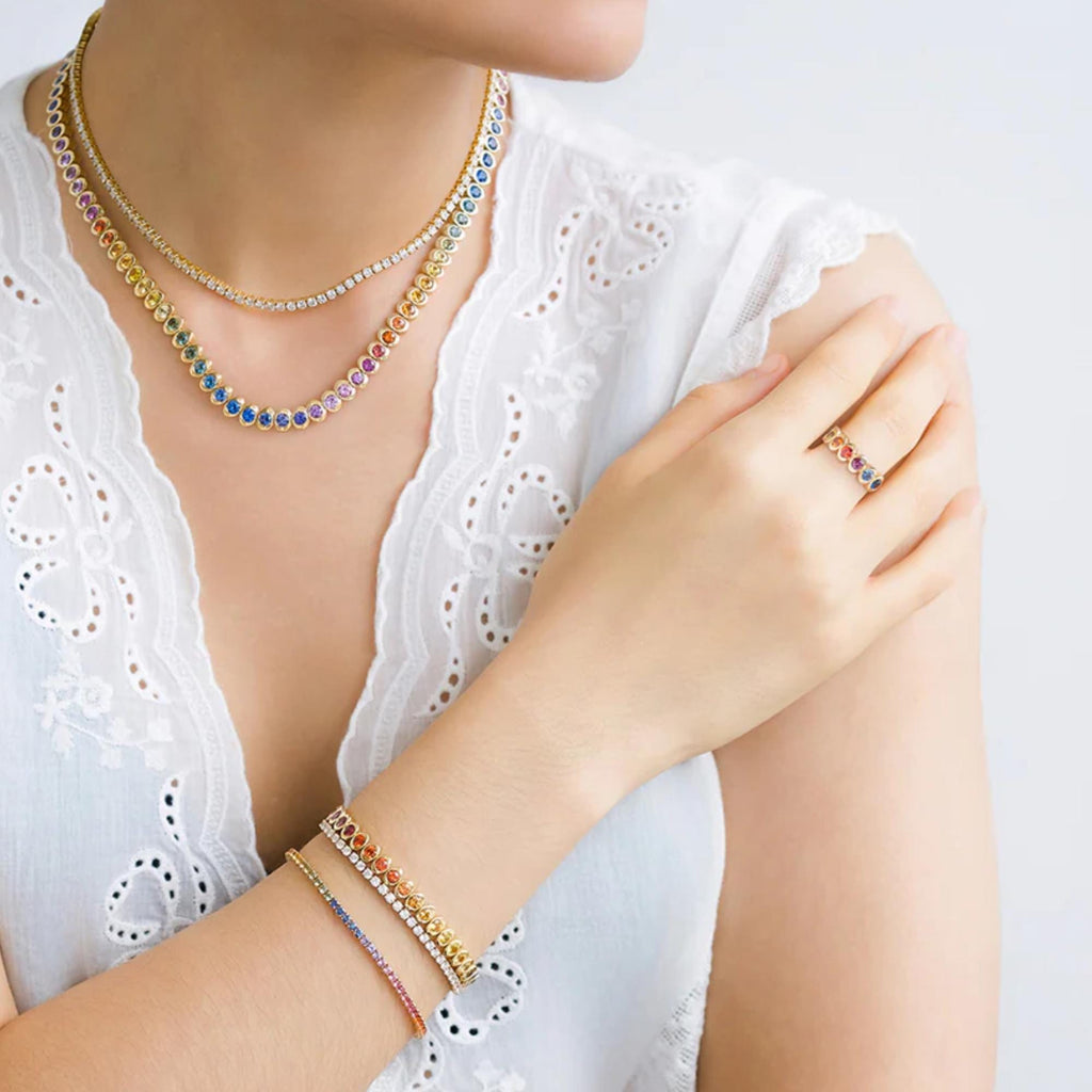 14K Yellow Gold Rainbow Natural Sapphire Multi Color Ring | Prismatic Colorful Gemstone Band | Modern Gradient Statement Ring