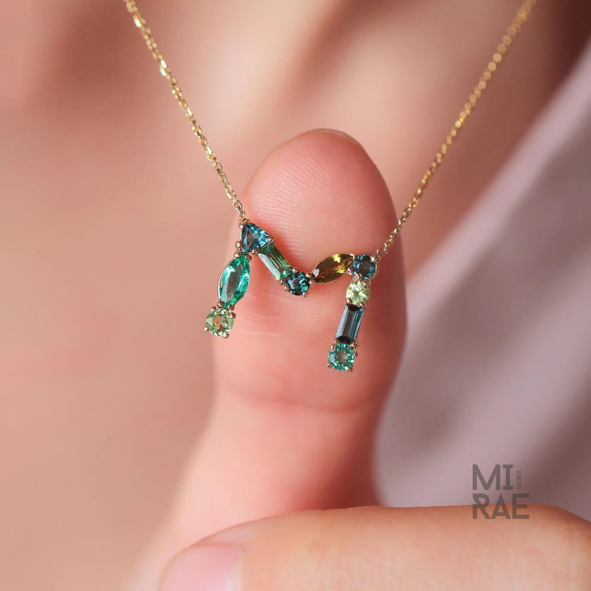 Personalized Initial Pendant Necklace | Multi Natural Gemstone Letter Necklace | Handmade Birthstone Jewelry
