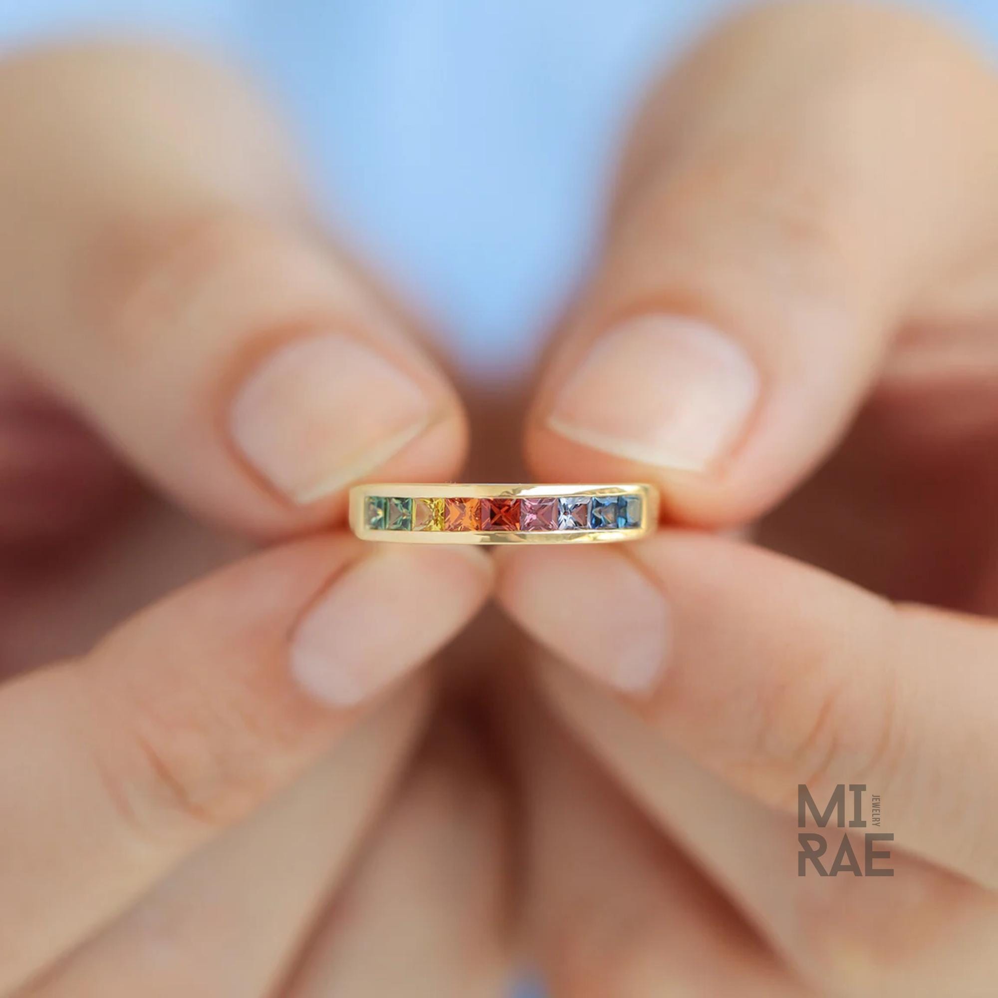 14K Yellow Gold Princess Cut Sapphire Band | Multi Color Gemstone Ring | Rainbow Gold Stacking Ring