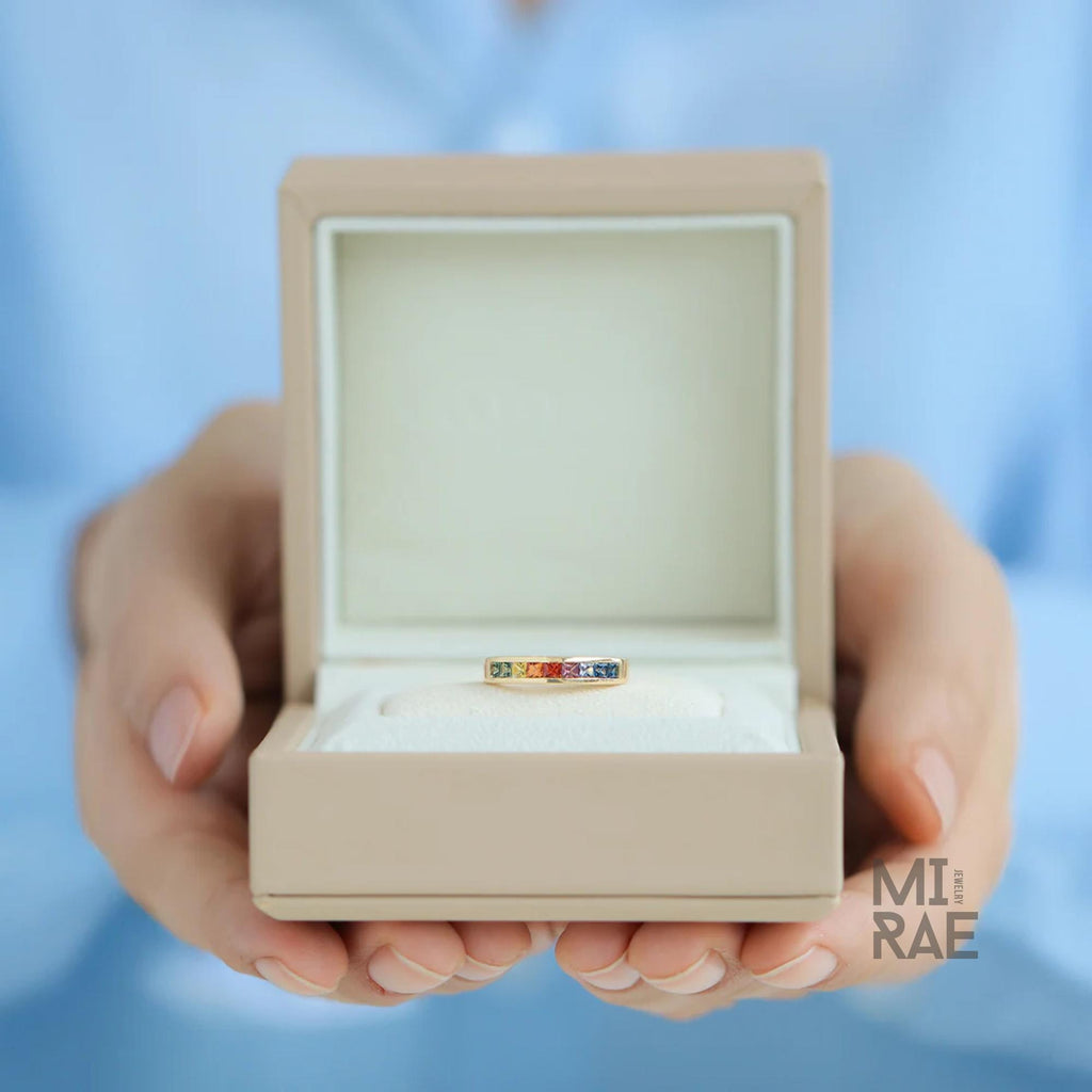 14K Yellow Gold Princess Cut Sapphire Band | Multi Color Gemstone Ring | Rainbow Gold Stacking Ring