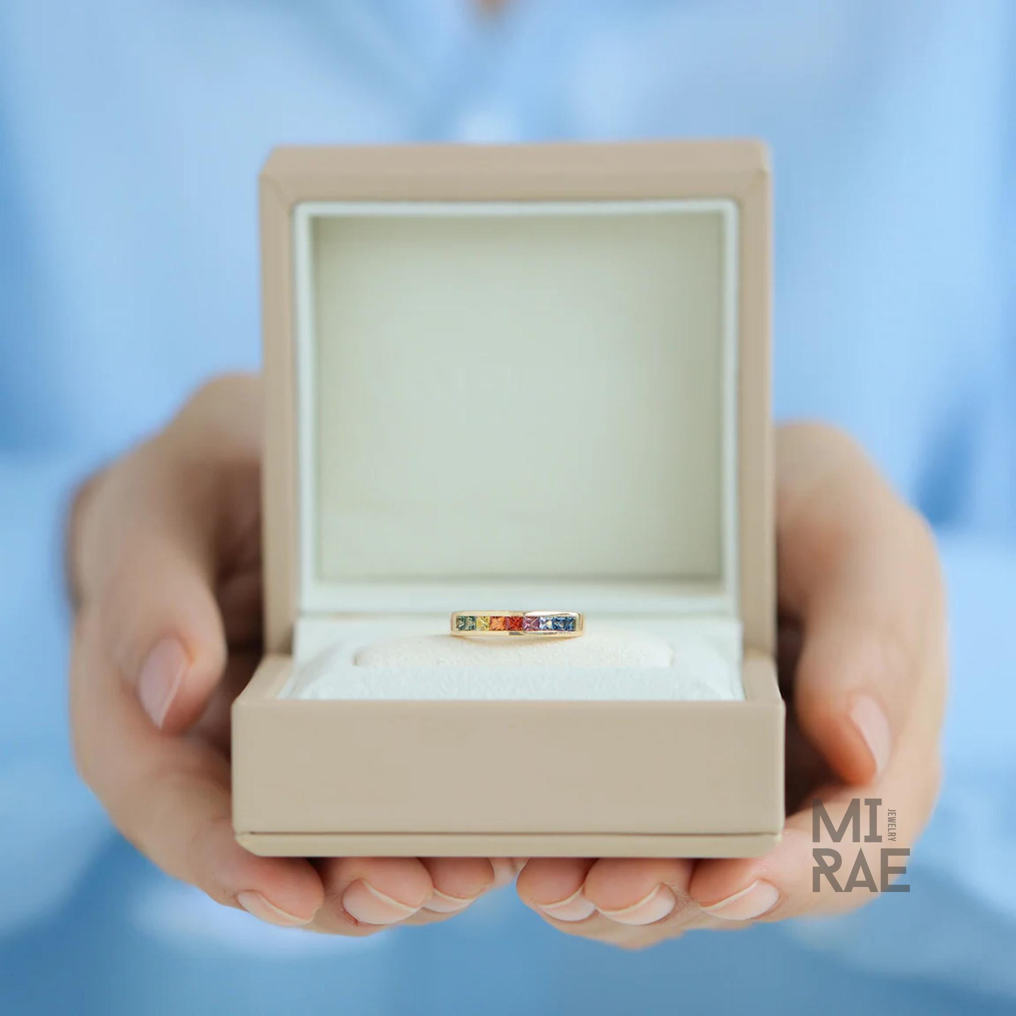 14K Yellow Gold Princess Cut Sapphire Band | Multi Color Gemstone Ring | Rainbow Gold Stacking Ring