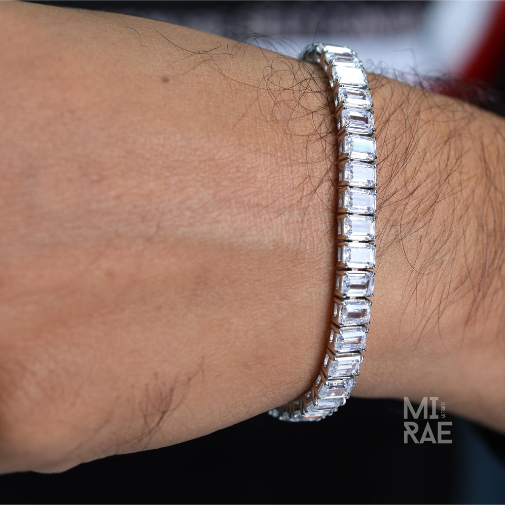 Men's Emerald Cut Cubic Zirconia Tennis Bracelet 925 Sterling Silver Adjustable 6-8 Inch – Unisex Modern Jewelry Gift