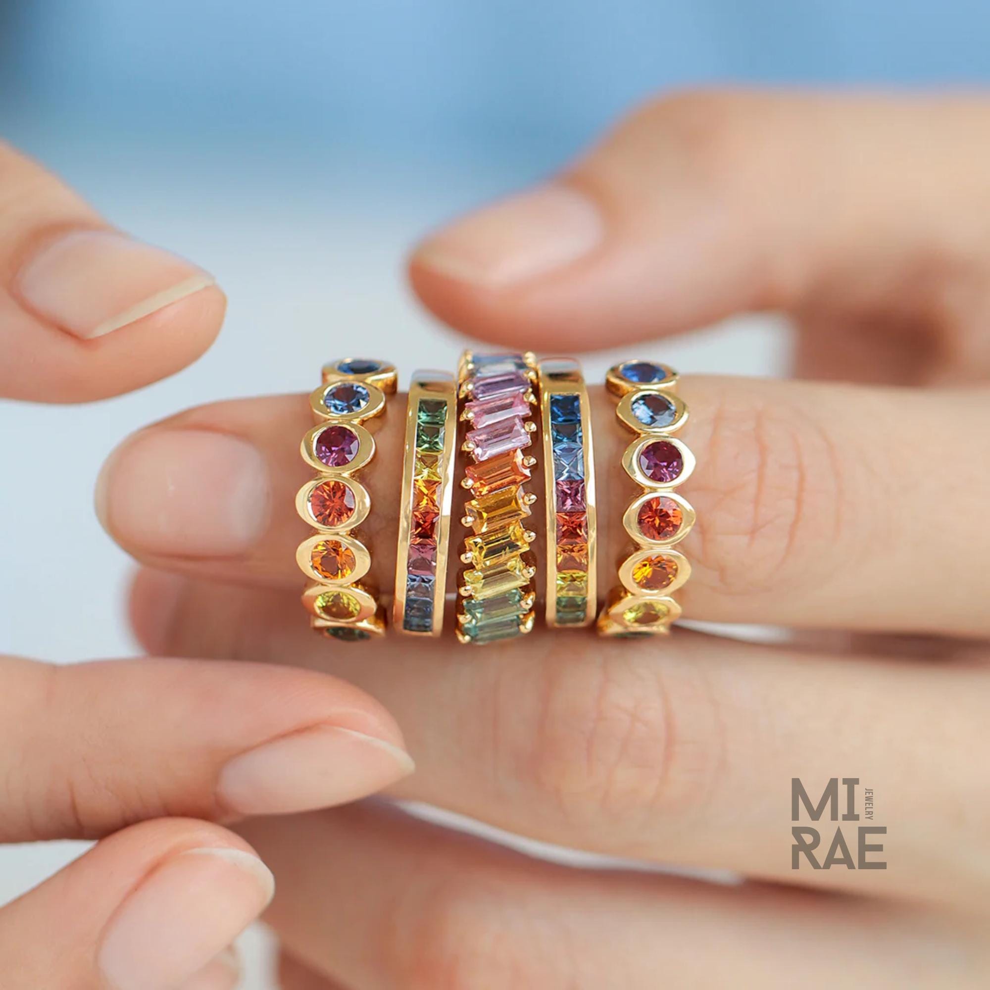 14K Yellow Gold Princess Cut Sapphire Band | Multi Color Gemstone Ring | Rainbow Gold Stacking Ring