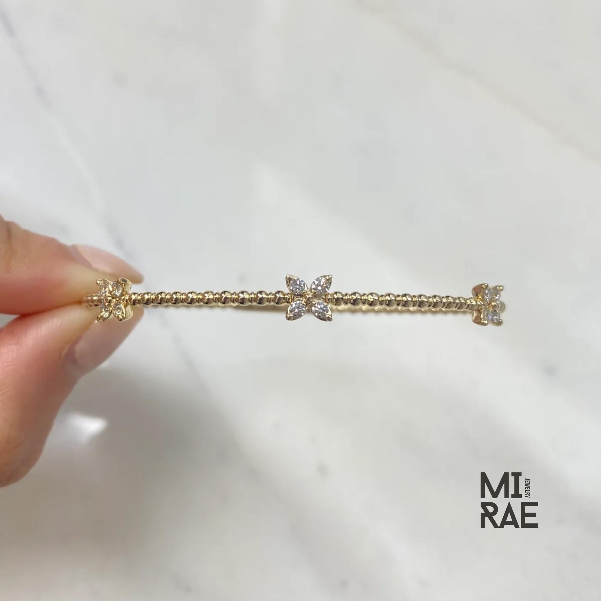 Beaded Diamond Butterfly Bracelet, Stackable Flower Bangle Bracelet, Premium 14K Solid Gold, Yellow White Rose, Flexible Diamond Bangle Gift