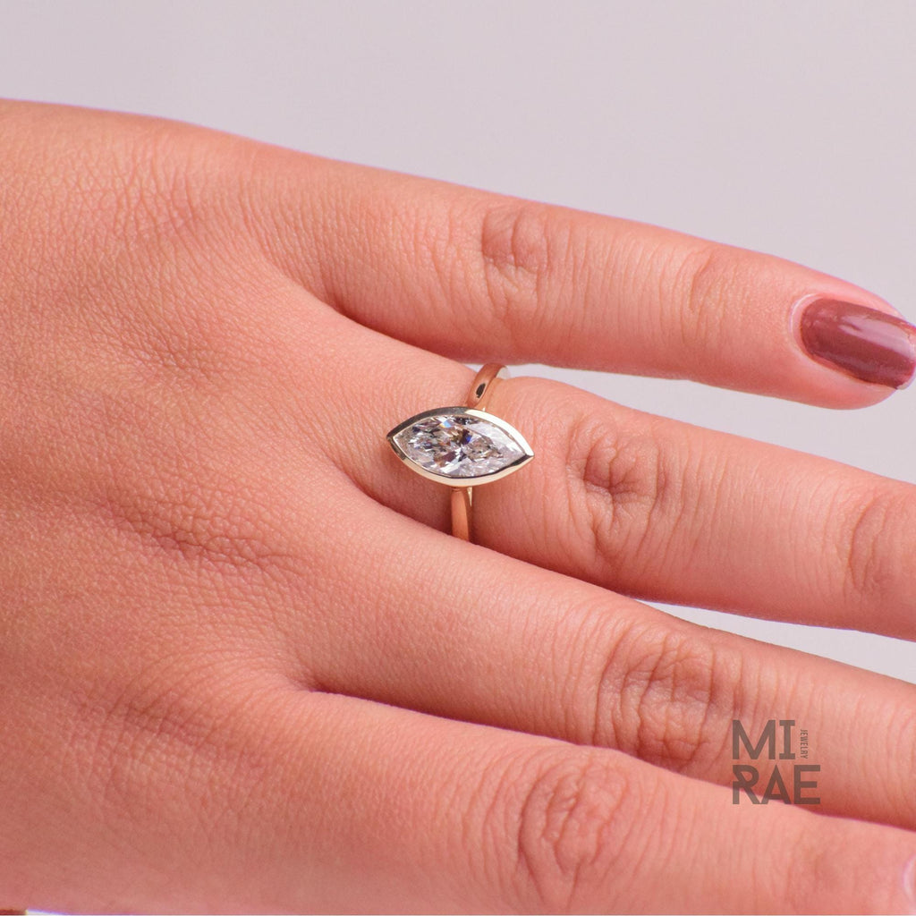 2 Carat Marquise Lab Created CVD Diamond Bezel Set Ring | 14K Gold Shank Engagement Ring | Vintage Modern Cathedral Bridal Jewellery
