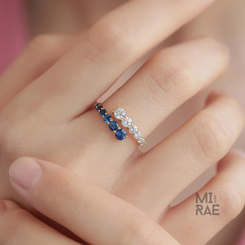 14k Yellow Gold Sapphire & Diamond Wrap Ring, Adjustable Spiral Ring, Open Lab Grown Diamond Stackable Ring, Bypass Trendy Jewelry For Women