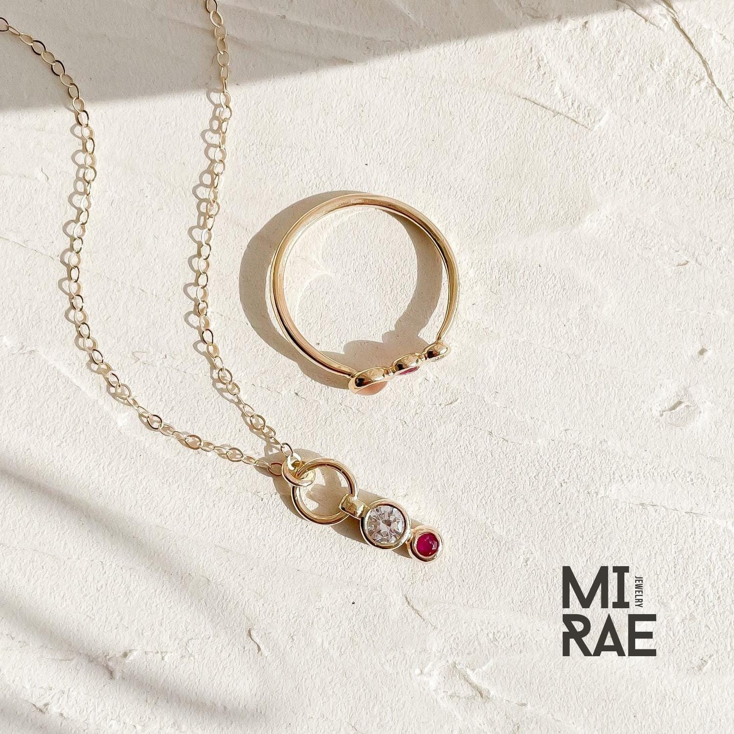 Moonstone Ruby Diamond 14K Gold Ring: Three Stone Wedding Band