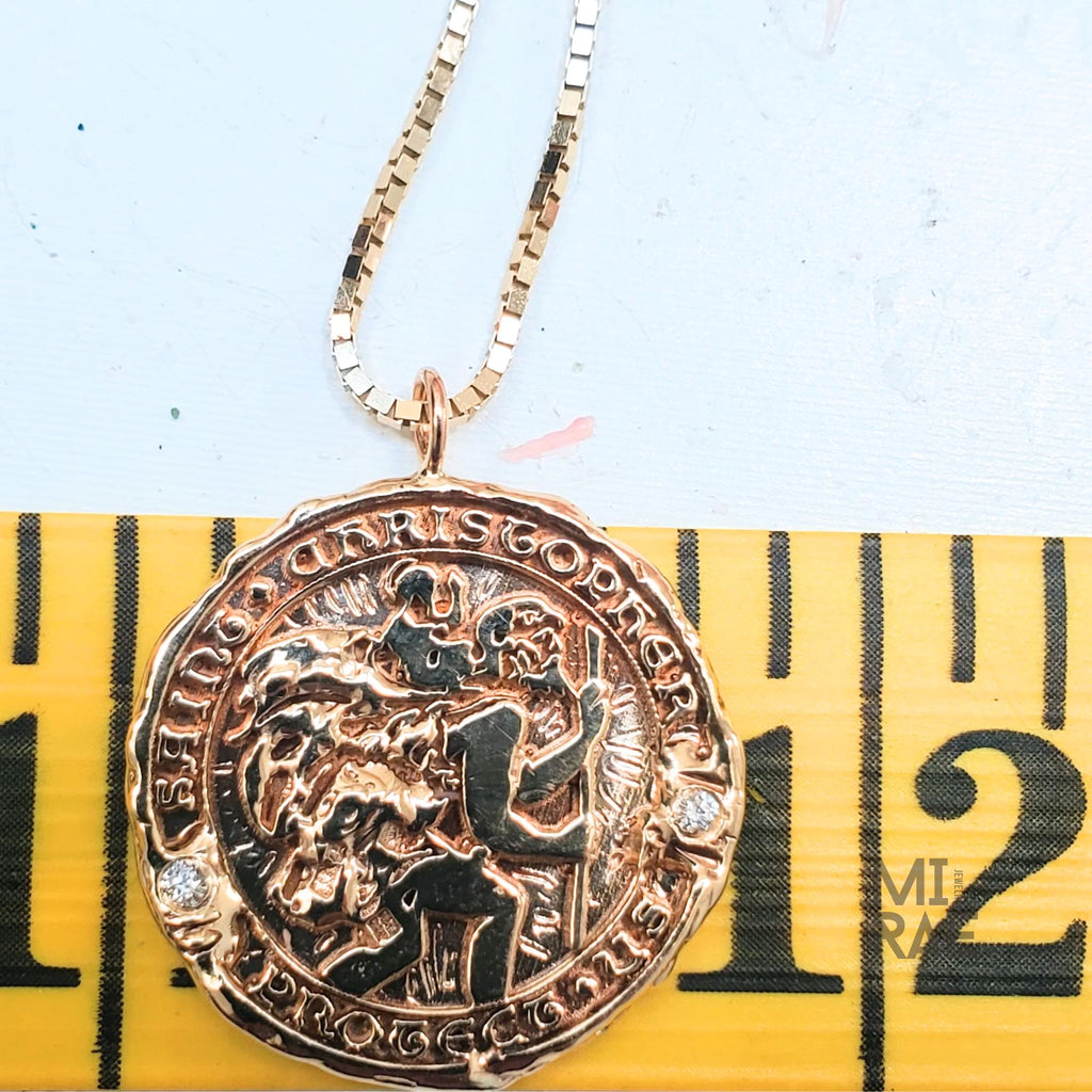 St. Christopher Miraculous Medallion | Patron Saint of Travel | Diamond Accent Gold Pendant