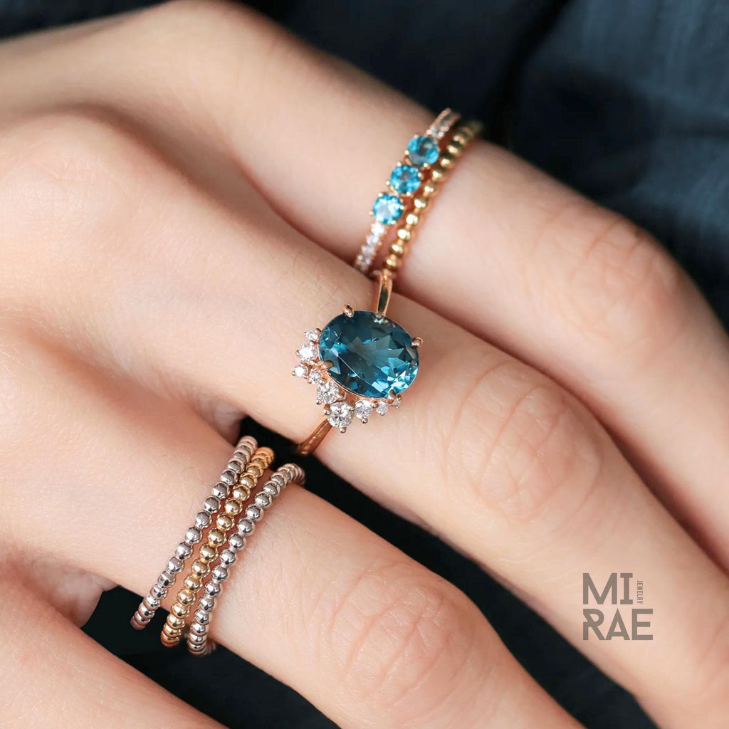 Natural London Blue Topaz & Diamond Ring | Serene Blue Gemstone Statement Ring | Elegant Halo Engagement Ring