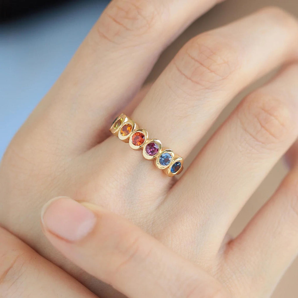 14K Yellow Gold Rainbow Natural Sapphire Multi Color Ring | Prismatic Colorful Gemstone Band | Modern Gradient Statement Ring