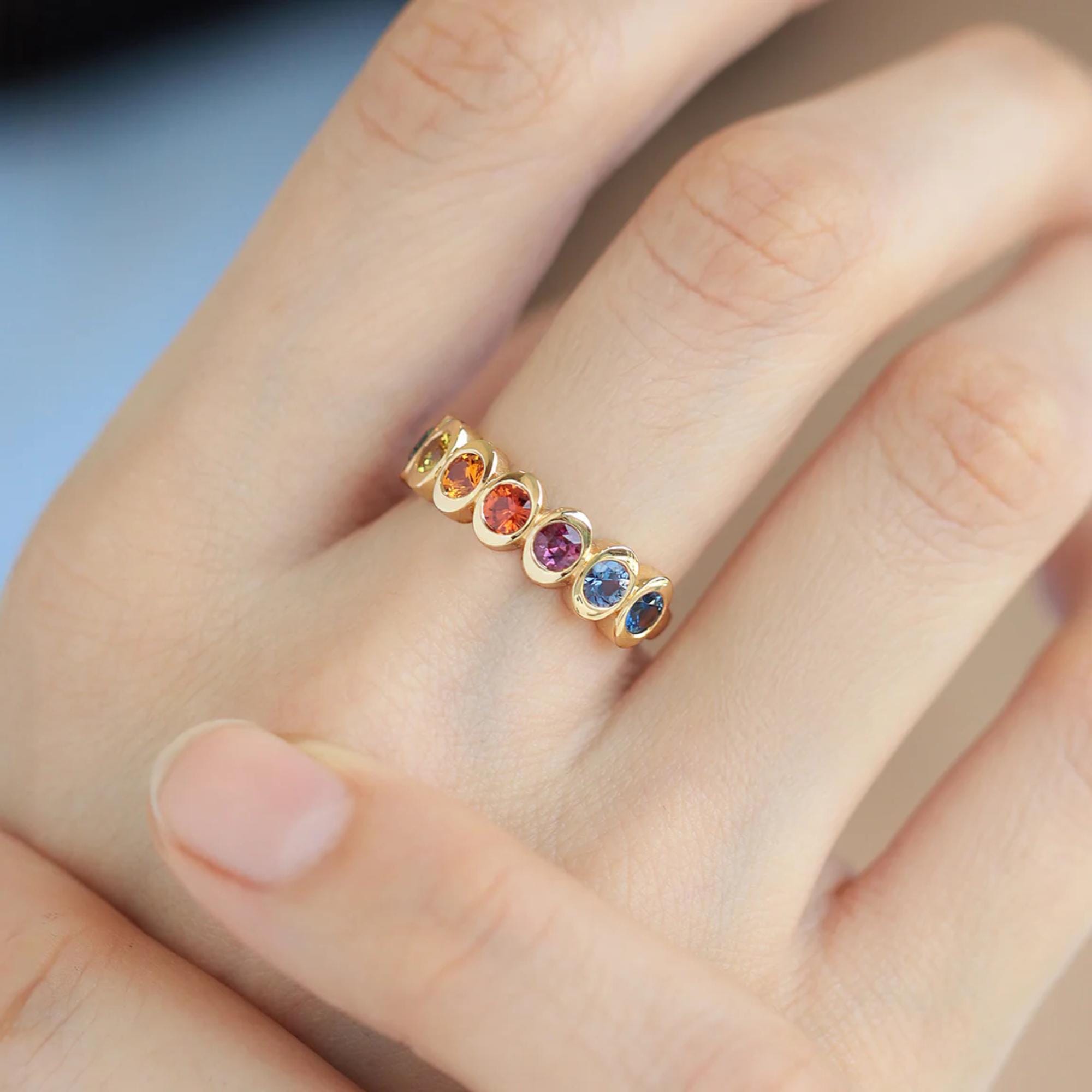 14K Yellow Gold Rainbow Natural Sapphire Multi Color Ring | Prismatic Colorful Gemstone Band | Modern Gradient Statement Ring