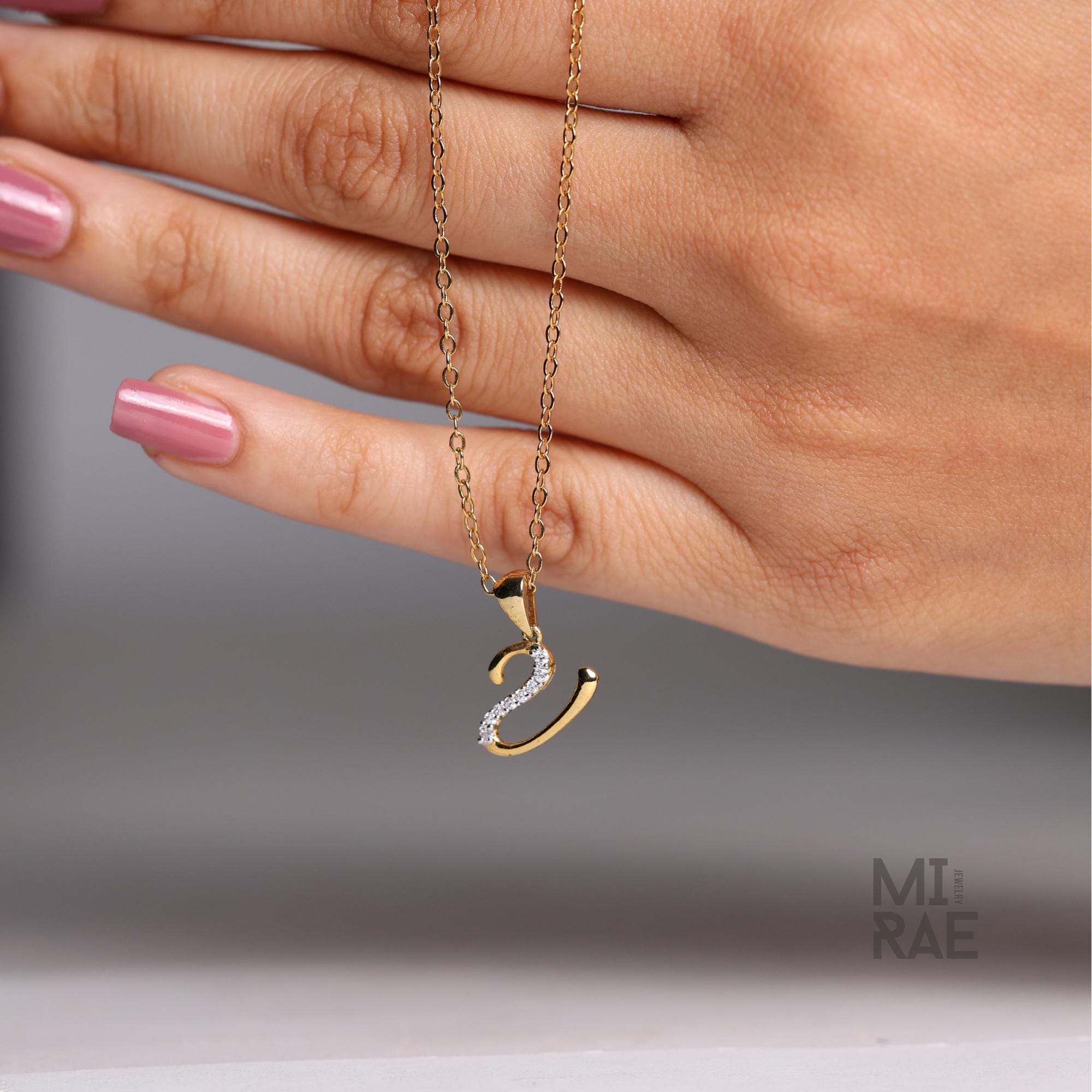 14k Gold Diamond Initial Necklace: Cursive Letter Pendant, Personalized Jewelry