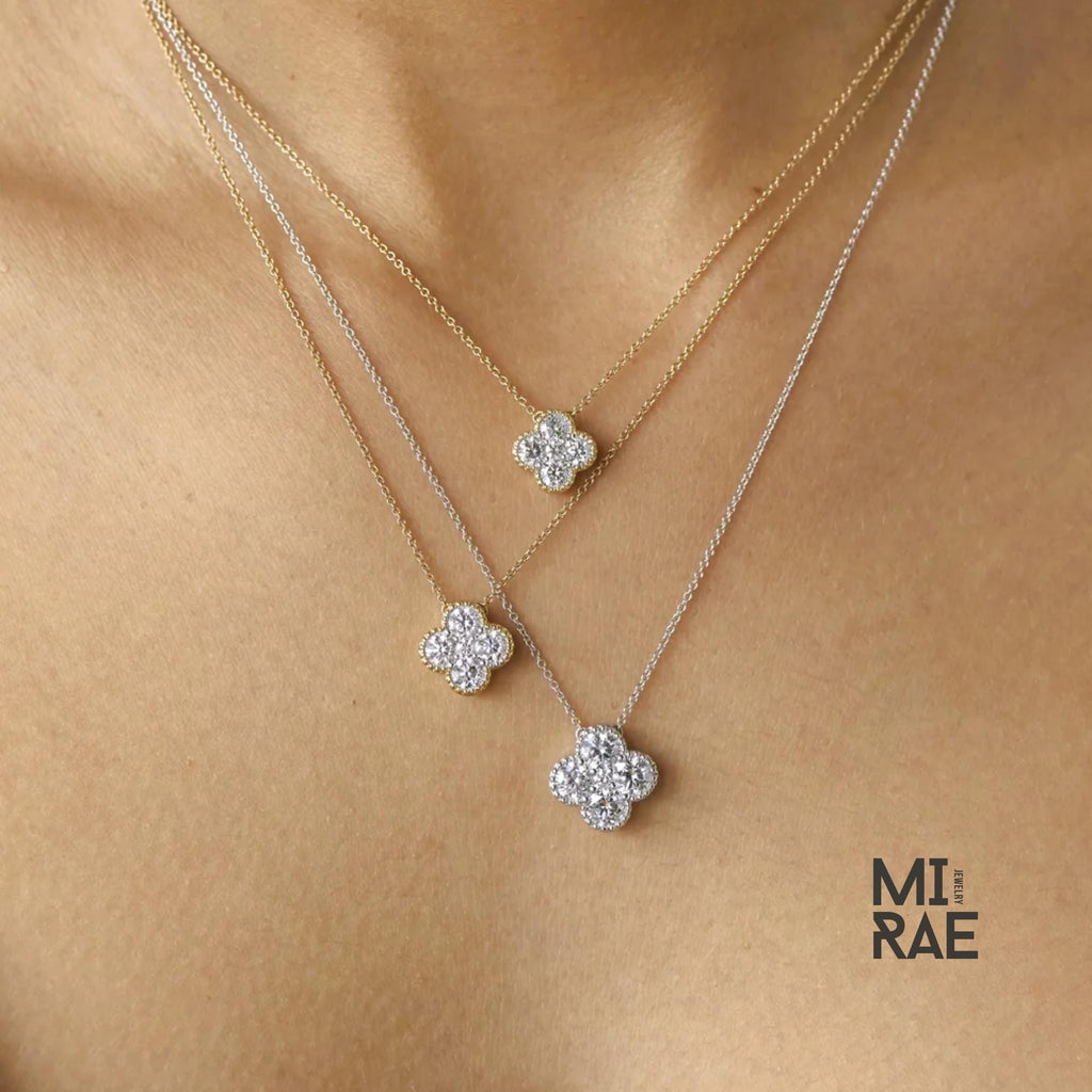 14K Solid Gold Diamond Clover Necklace: Dainty Floral Pendant