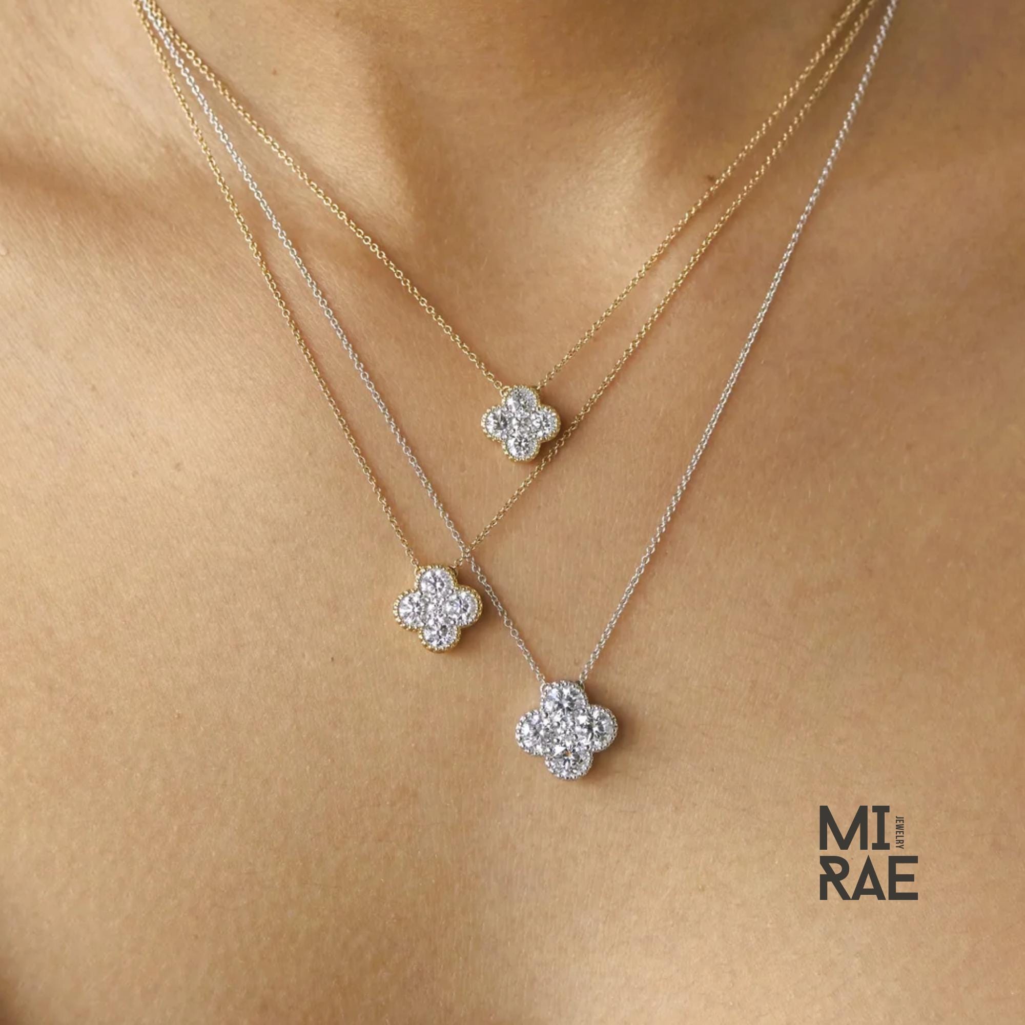 14K Solid Gold Diamond Clover Necklace: Dainty Floral Pendant