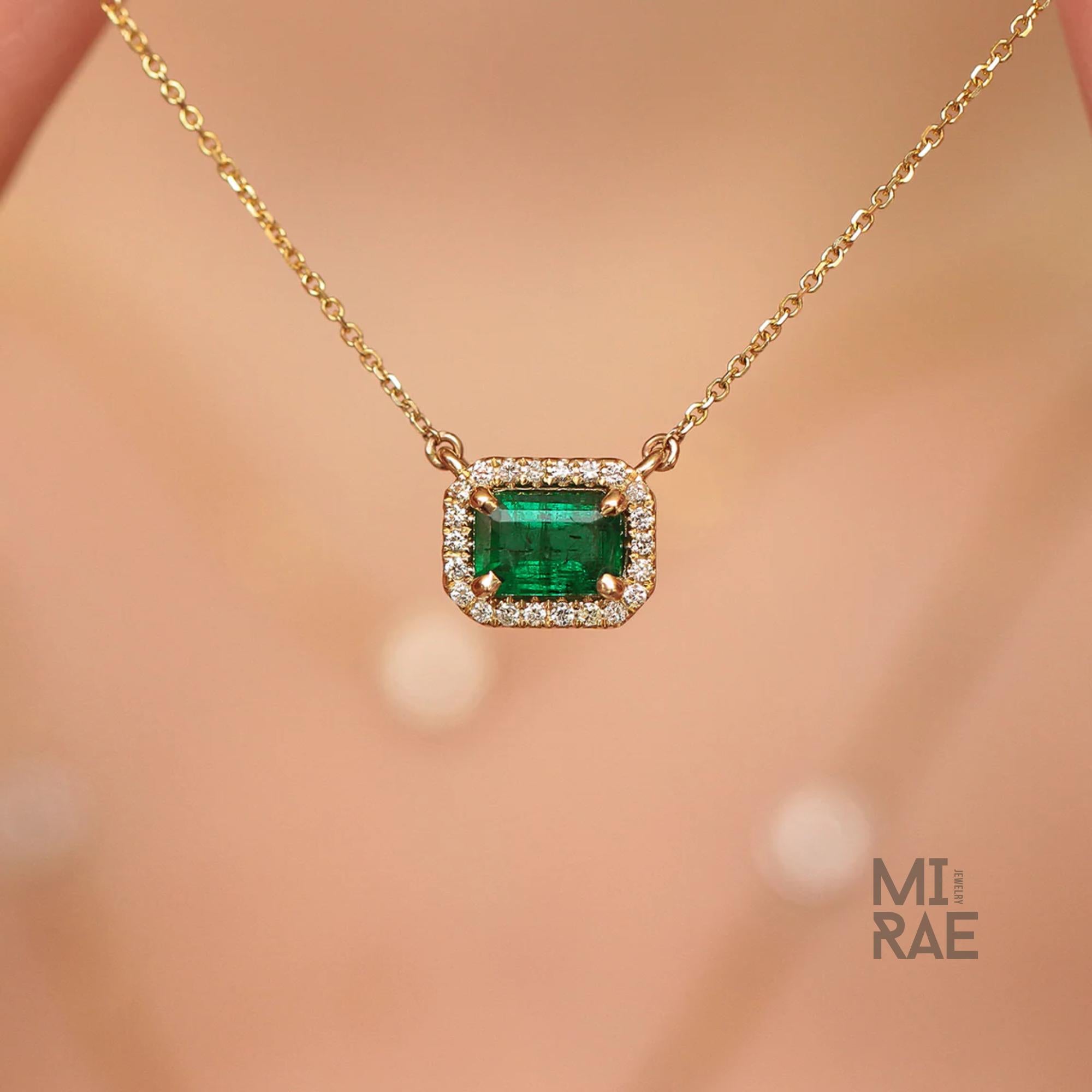 1 CT Natural Emerald Gemstone with Diamond Halo Pendant Necklace