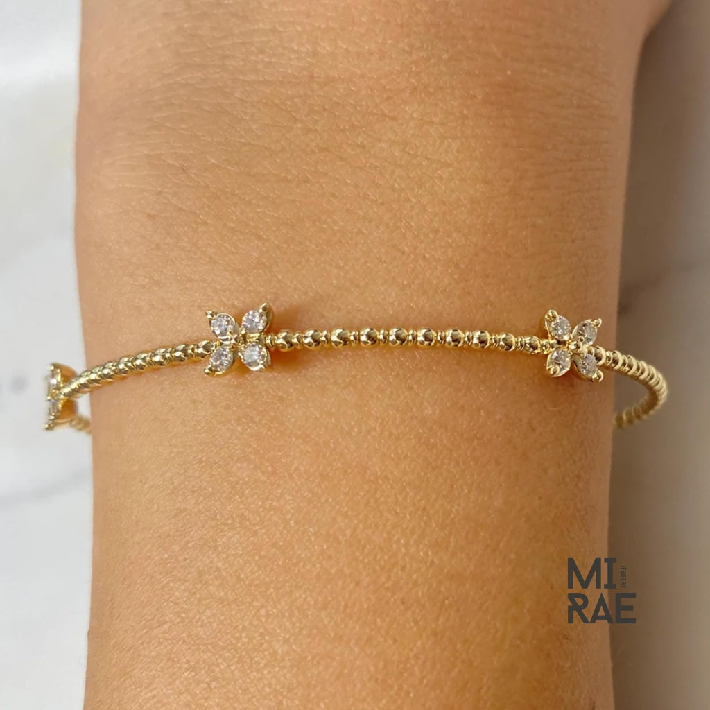 Beaded Diamond Butterfly Bracelet, Stackable Flower Bangle Bracelet, Premium 14K Solid Gold, Yellow White Rose, Flexible Diamond Bangle Gift