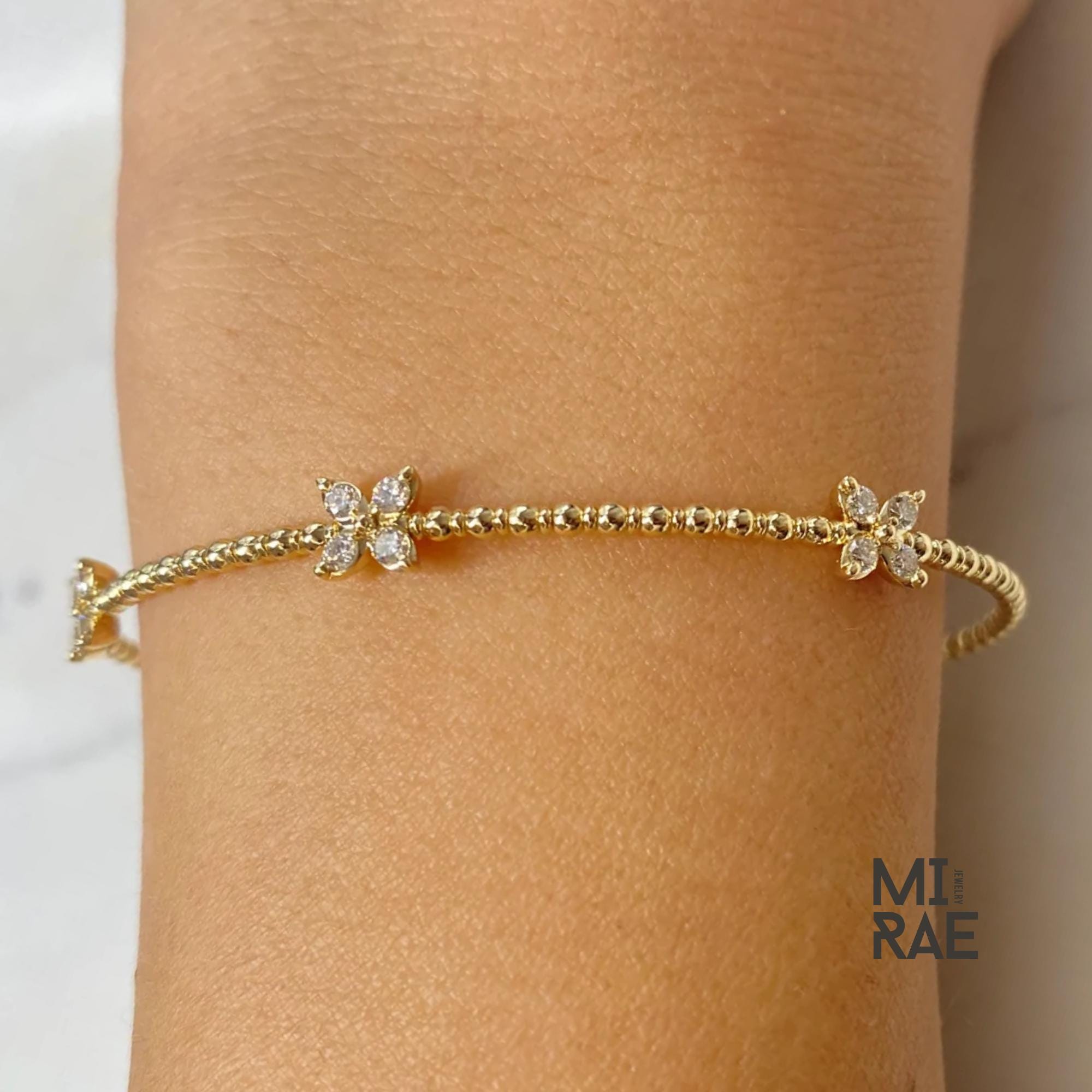 Beaded Diamond Butterfly Bracelet, Stackable Flower Bangle Bracelet, Premium 14K Solid Gold, Yellow White Rose, Flexible Diamond Bangle Gift