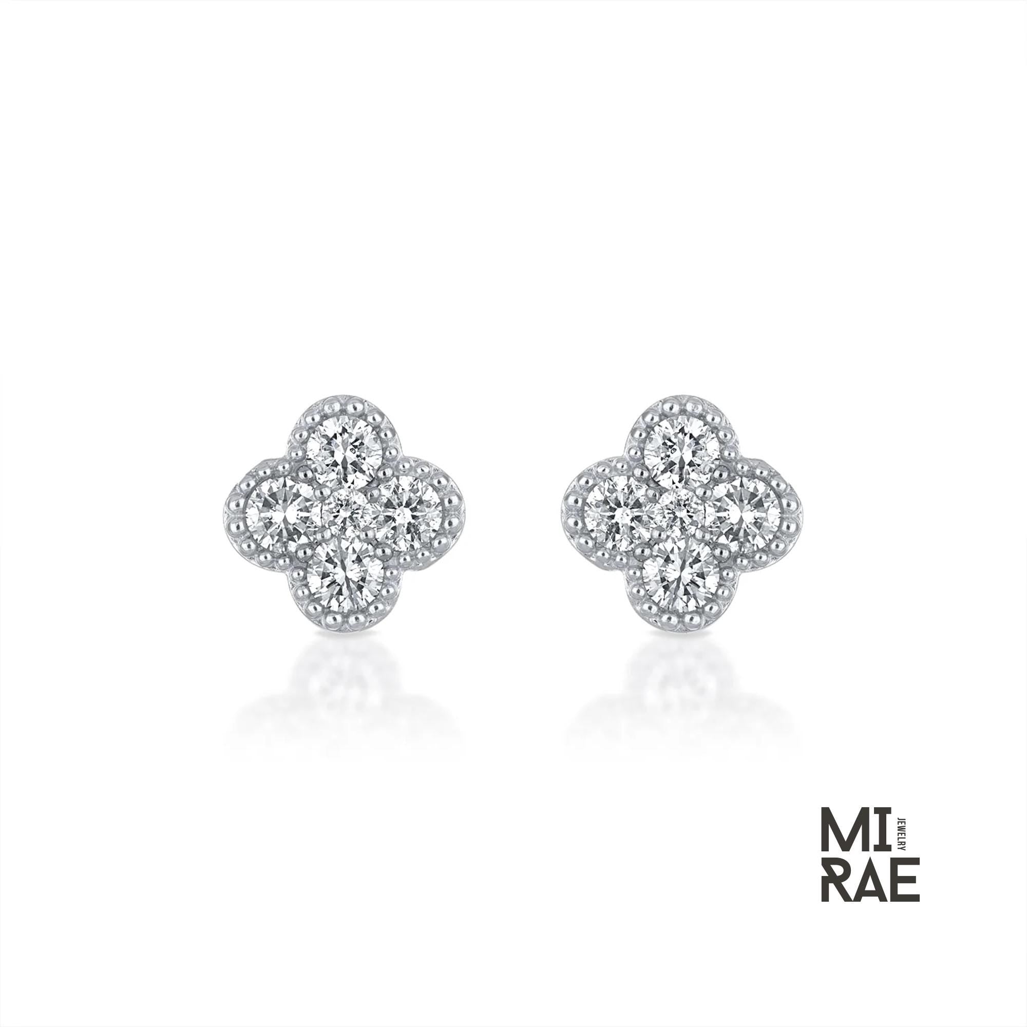 14K Gold Diamond Clover Stud Earrings: Dainty Floral Design